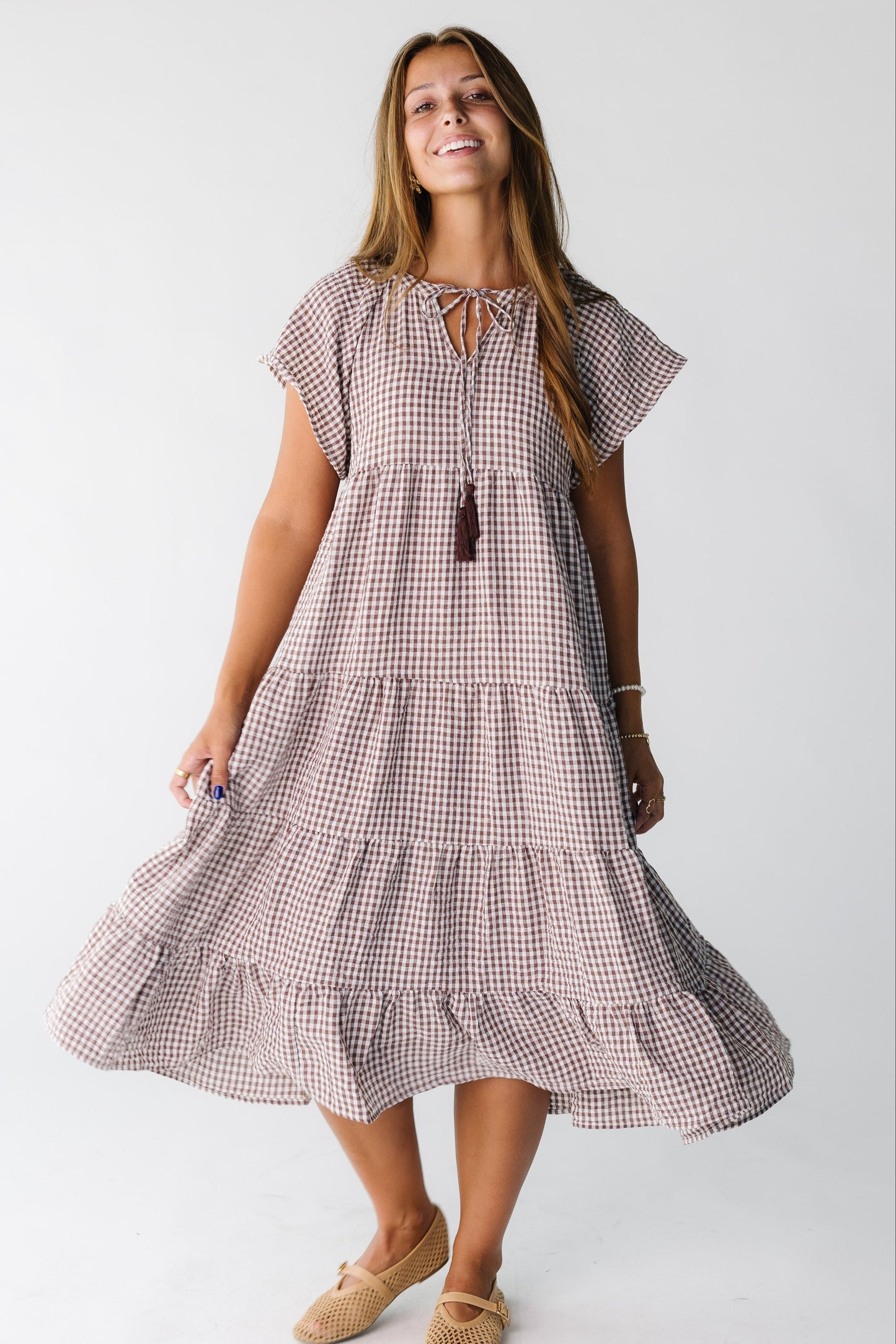 Brass & Roe Elmina Gingham Dress WOMEN'S DRESS brass & roe Brown Gingham XS