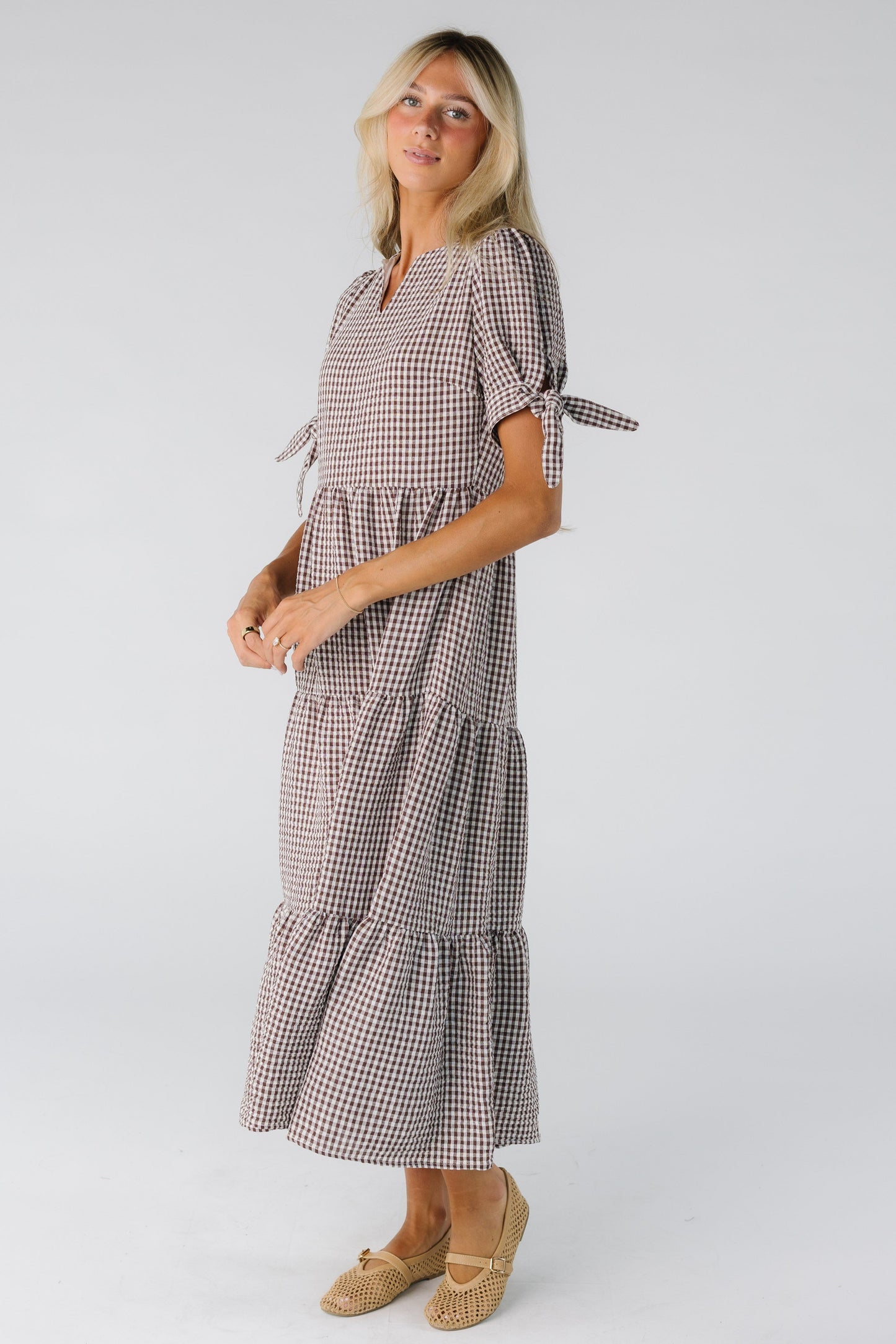 Modest women and teens brown gingham midi with notched neckline and short sleeves