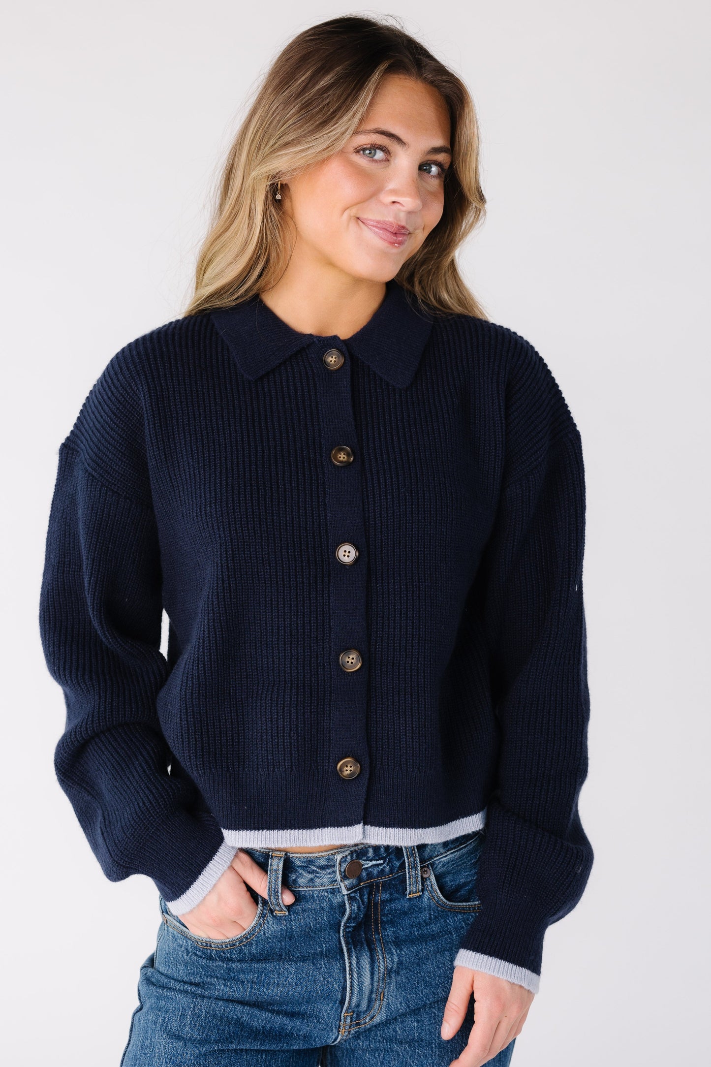 Modest women and teens ribbed long sleeve cardigan in navy