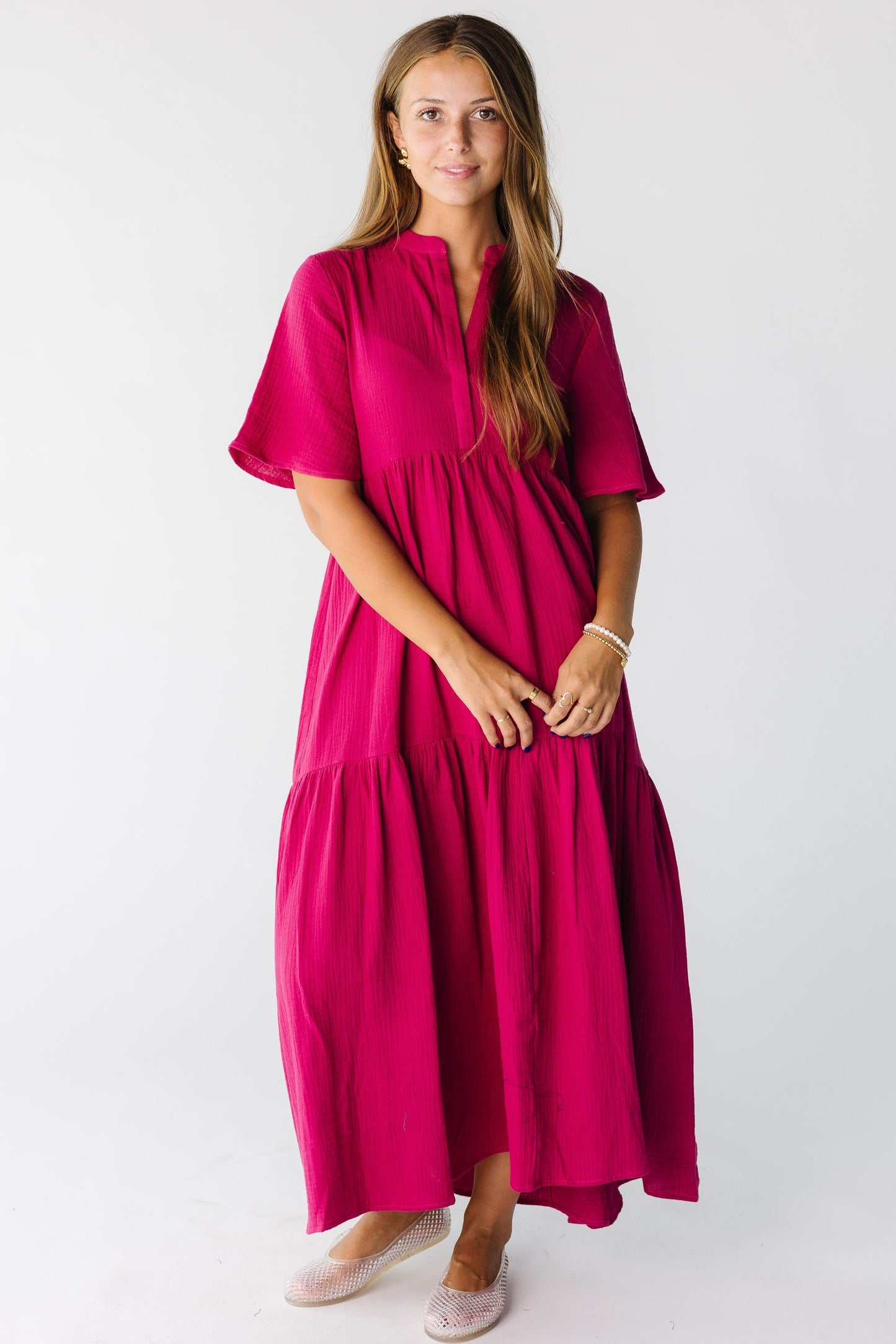 Modest women and teens fuchsia midi maxi dress with short sleeves