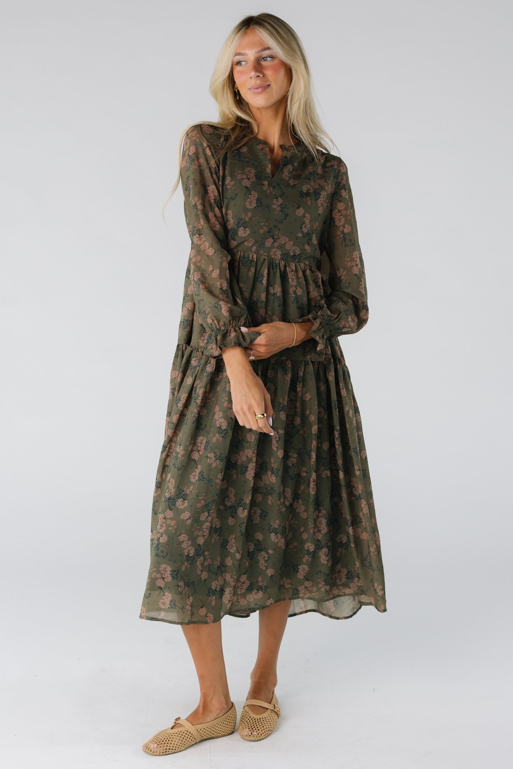Modest women and teens olive floral midi dress with long sleeves