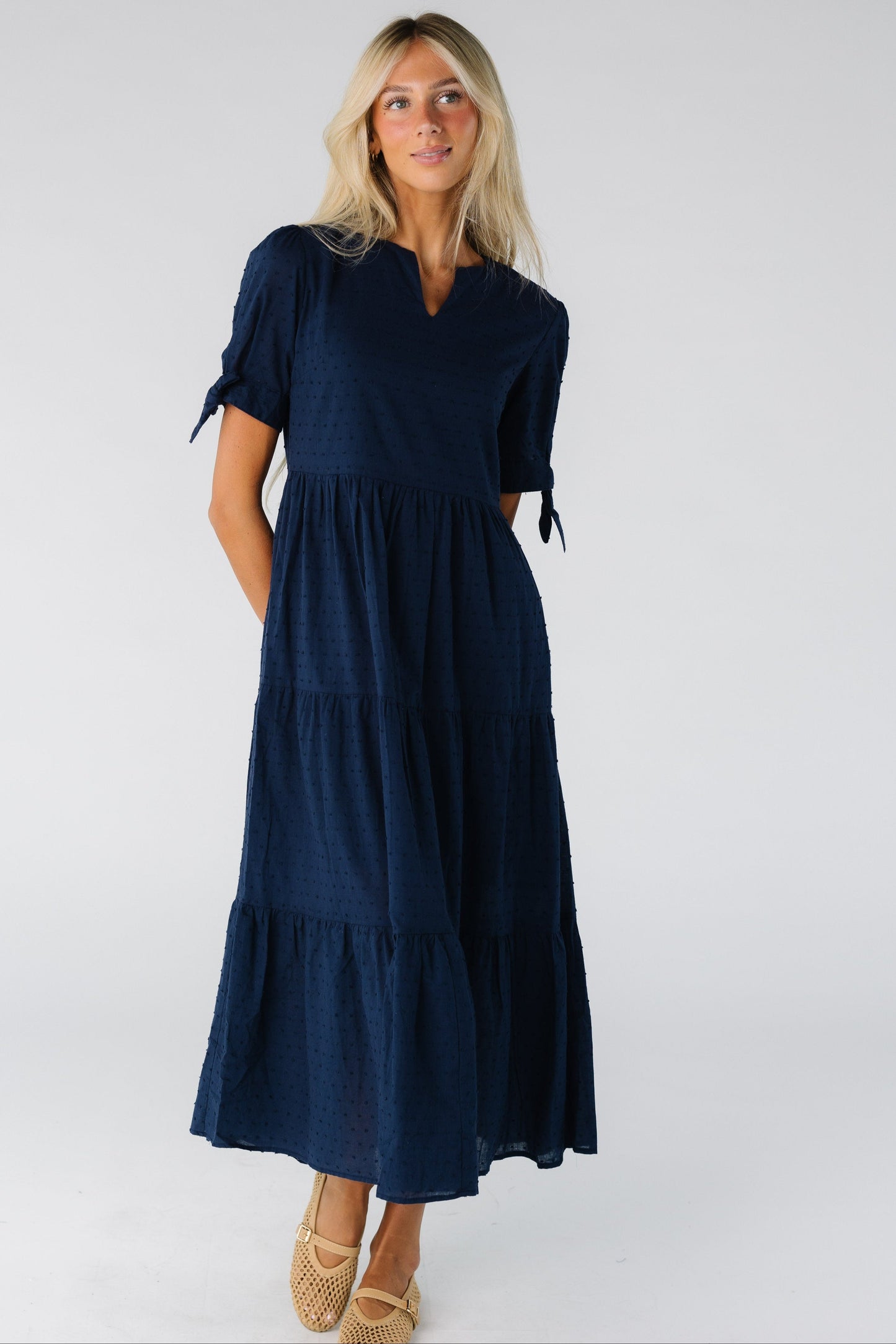 Brass & Roe Claire Tie-Sleeve Dress WOMEN'S DRESS brass & roe Navy Solid XS