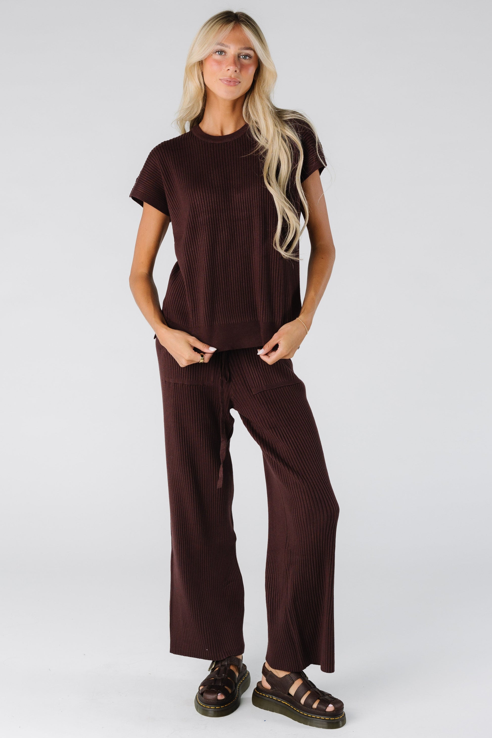 Modest brown sweater set for women and teens with round neckline and full length pant