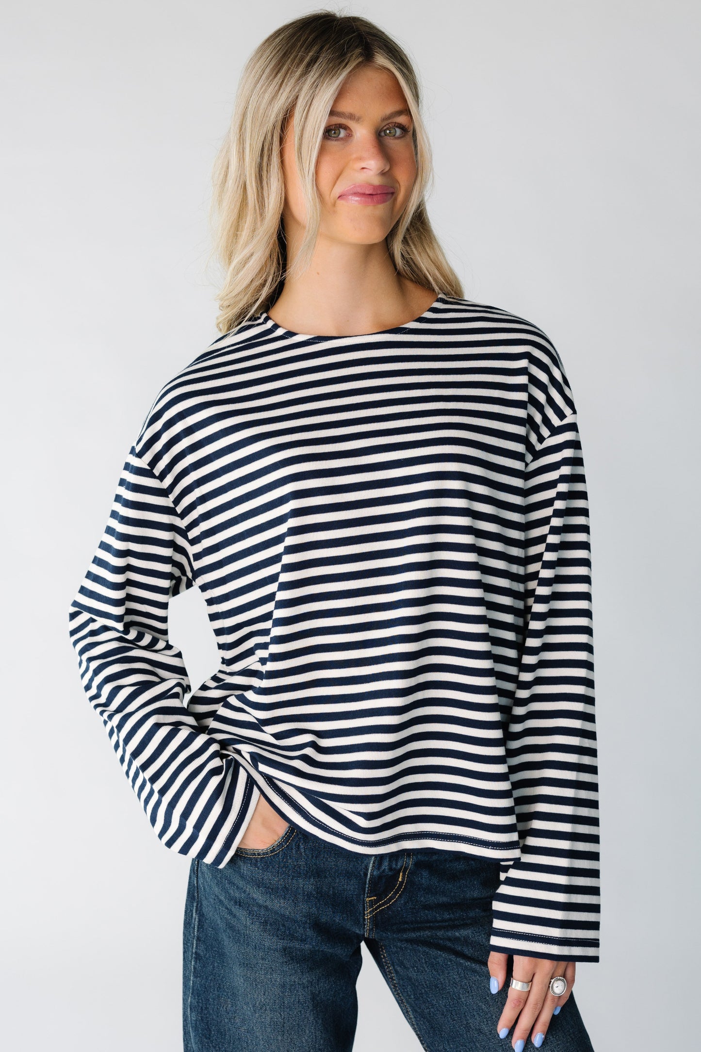 Modest women's long sleeve black and white stripe tee