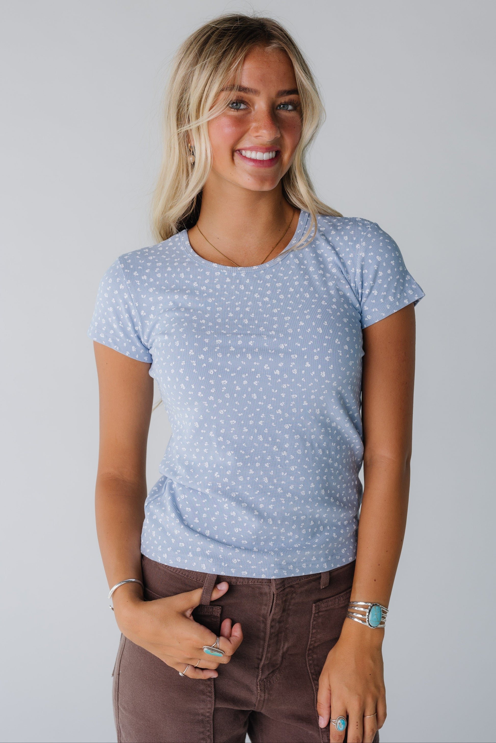 Brass & Roe Kate Print Tee or women in blue floral print top