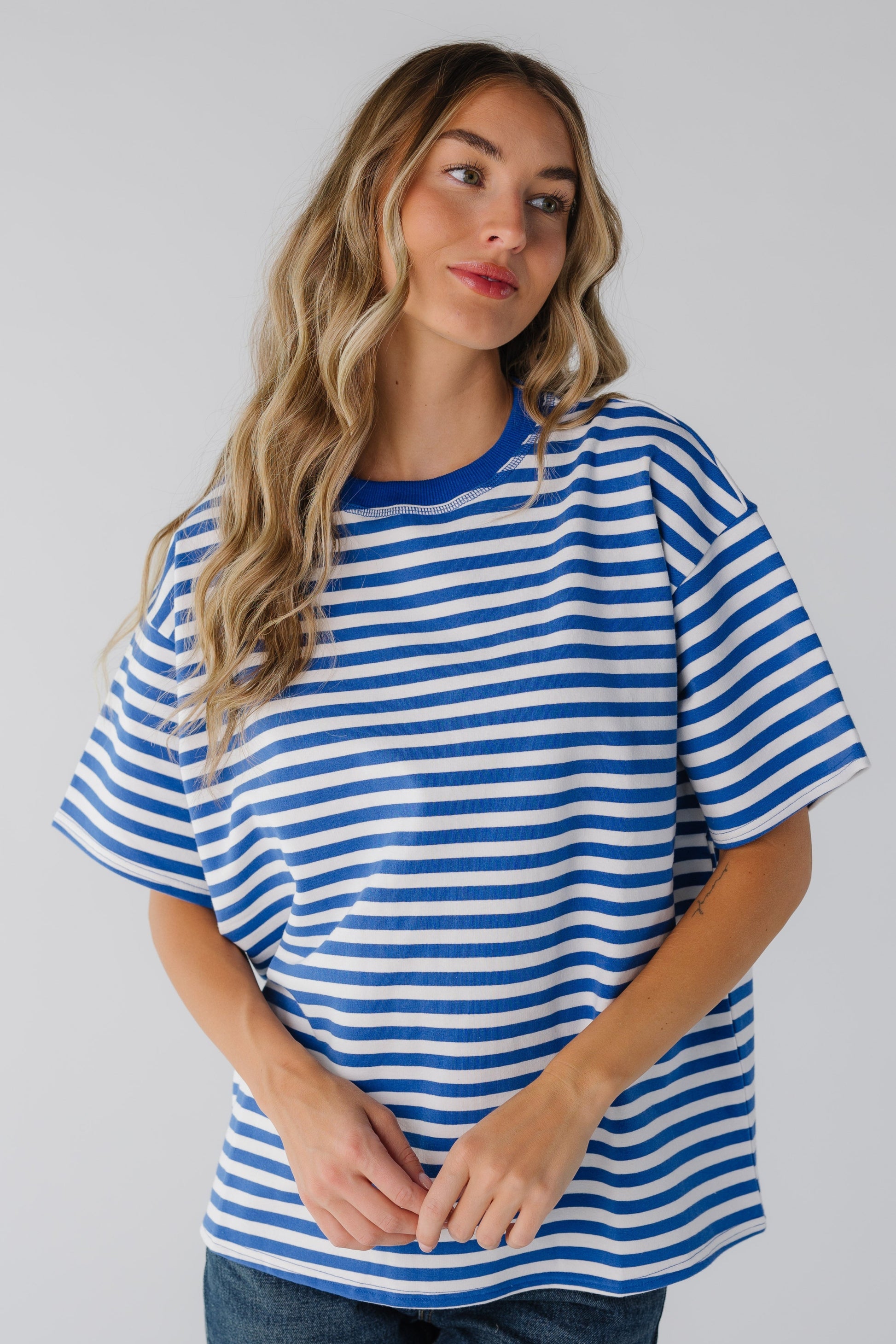 Modest women's royal stripe loose fitting tee with short sleeves