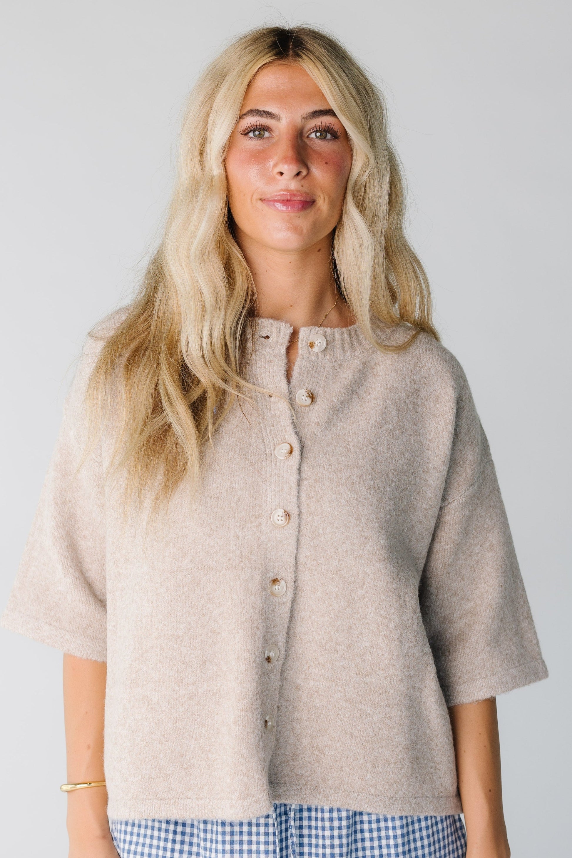 Modest women's mocha tan cardigan with crew neckline and half length sleeves