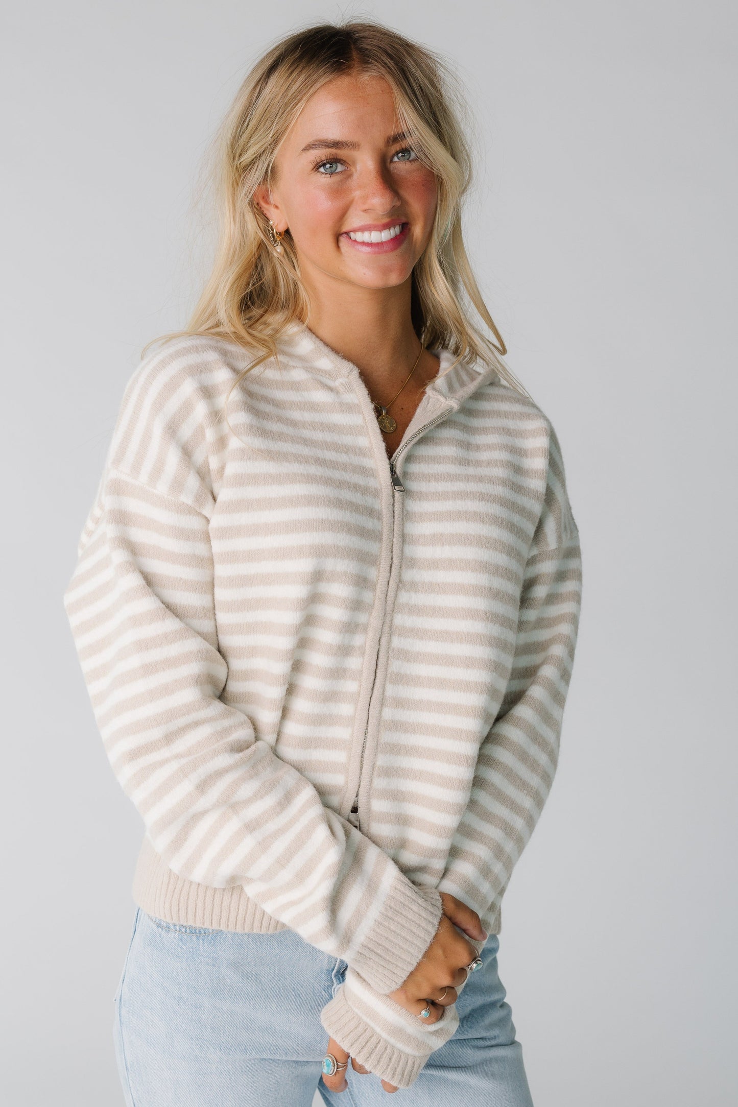 Modest women's latte and ivory stripe cardigan with long sleeves