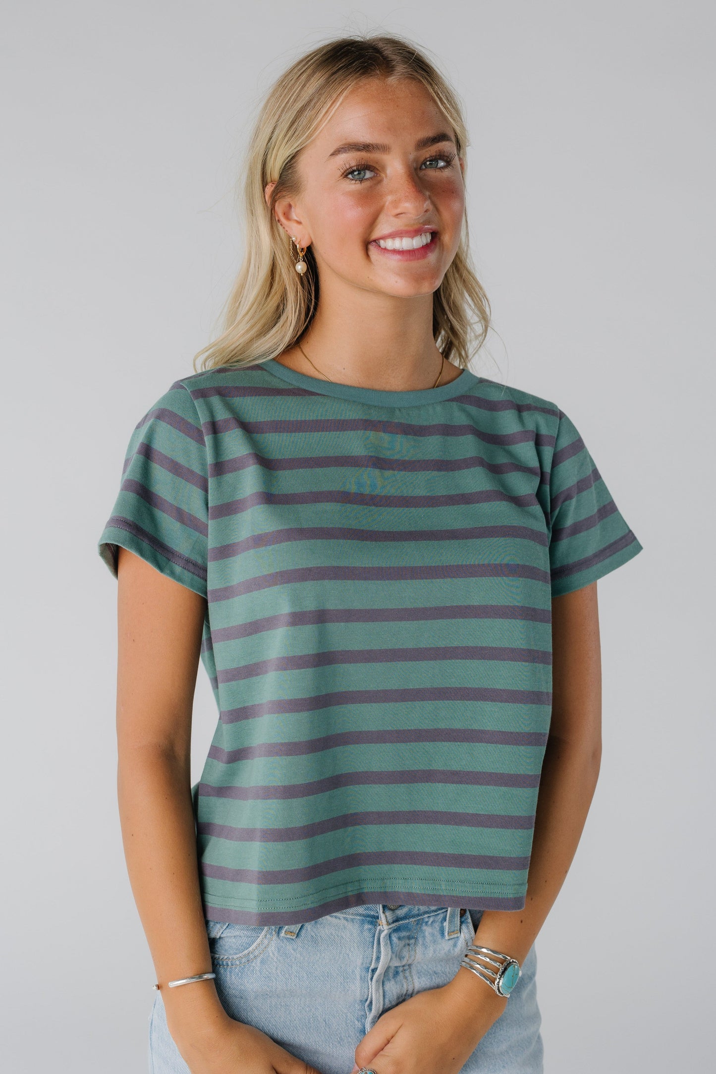 Brass & Roe New Era Tee WOMEN'S T-SHIRT brass & roe Green/Charcoal Stripe XS