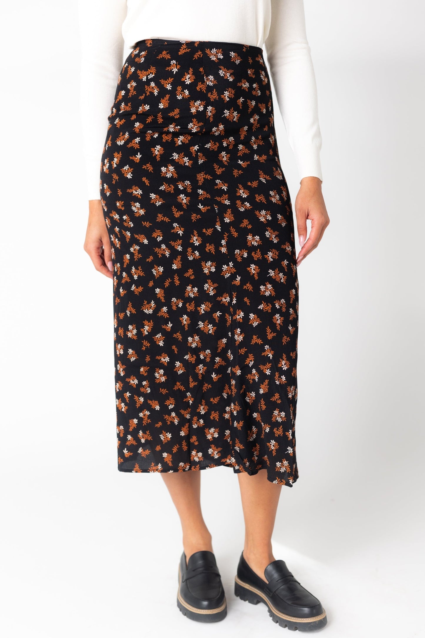 Modest Erica woven midi skirt in black with brown and white floral