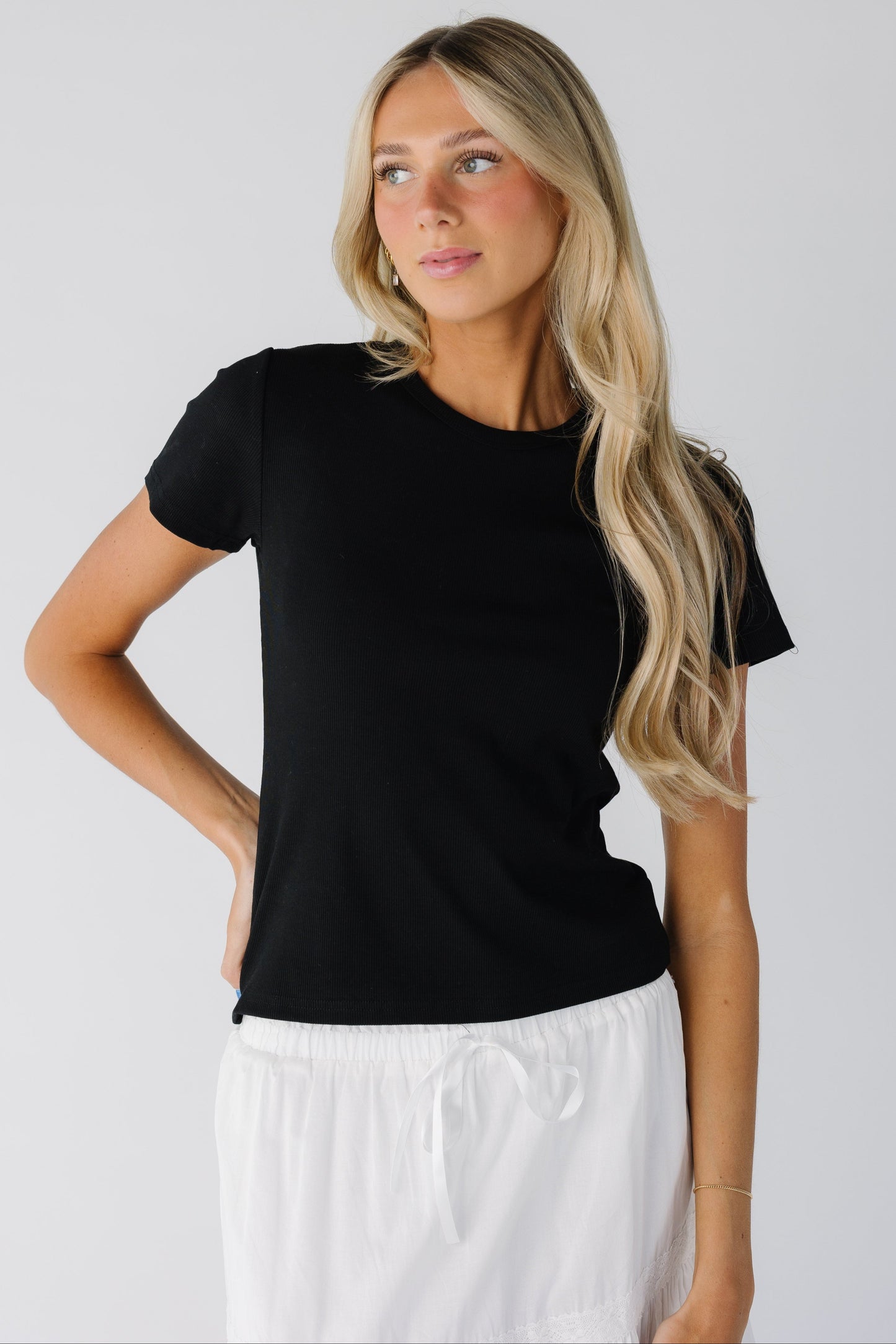 Black short sleeve tee with round neckline