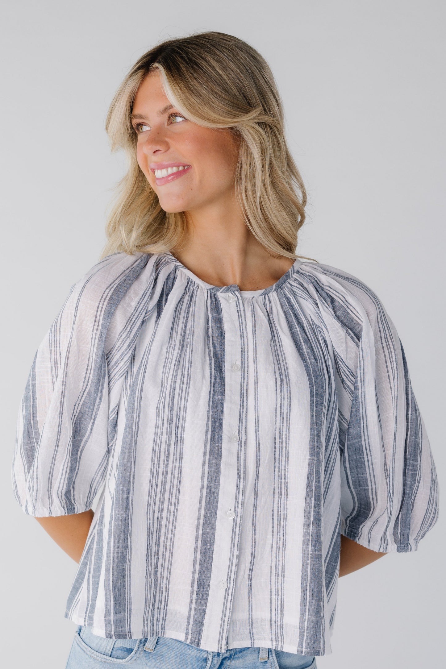 Vertical stripe button down top with round neckline