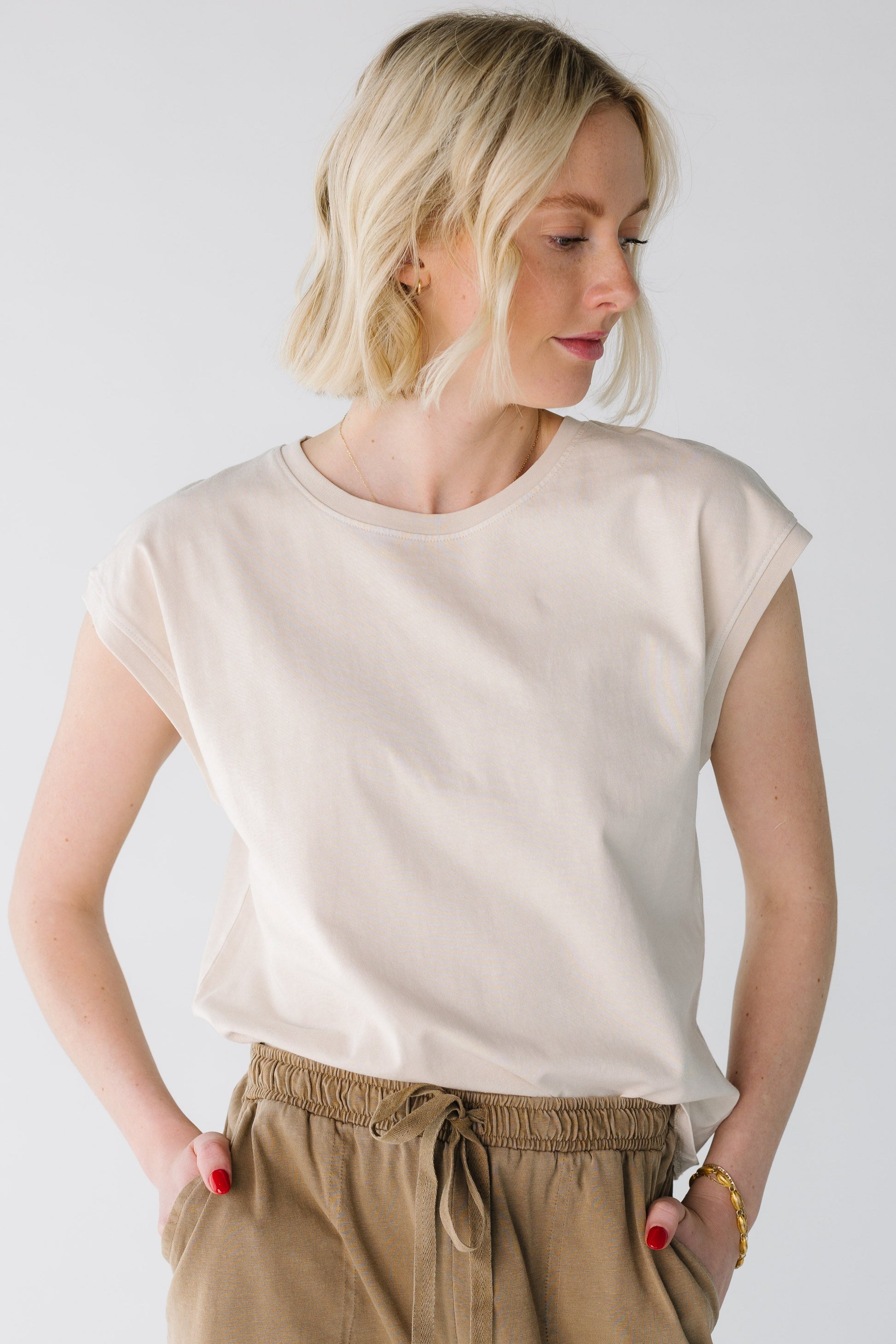Crew neck top with cap sleeves in taupe
