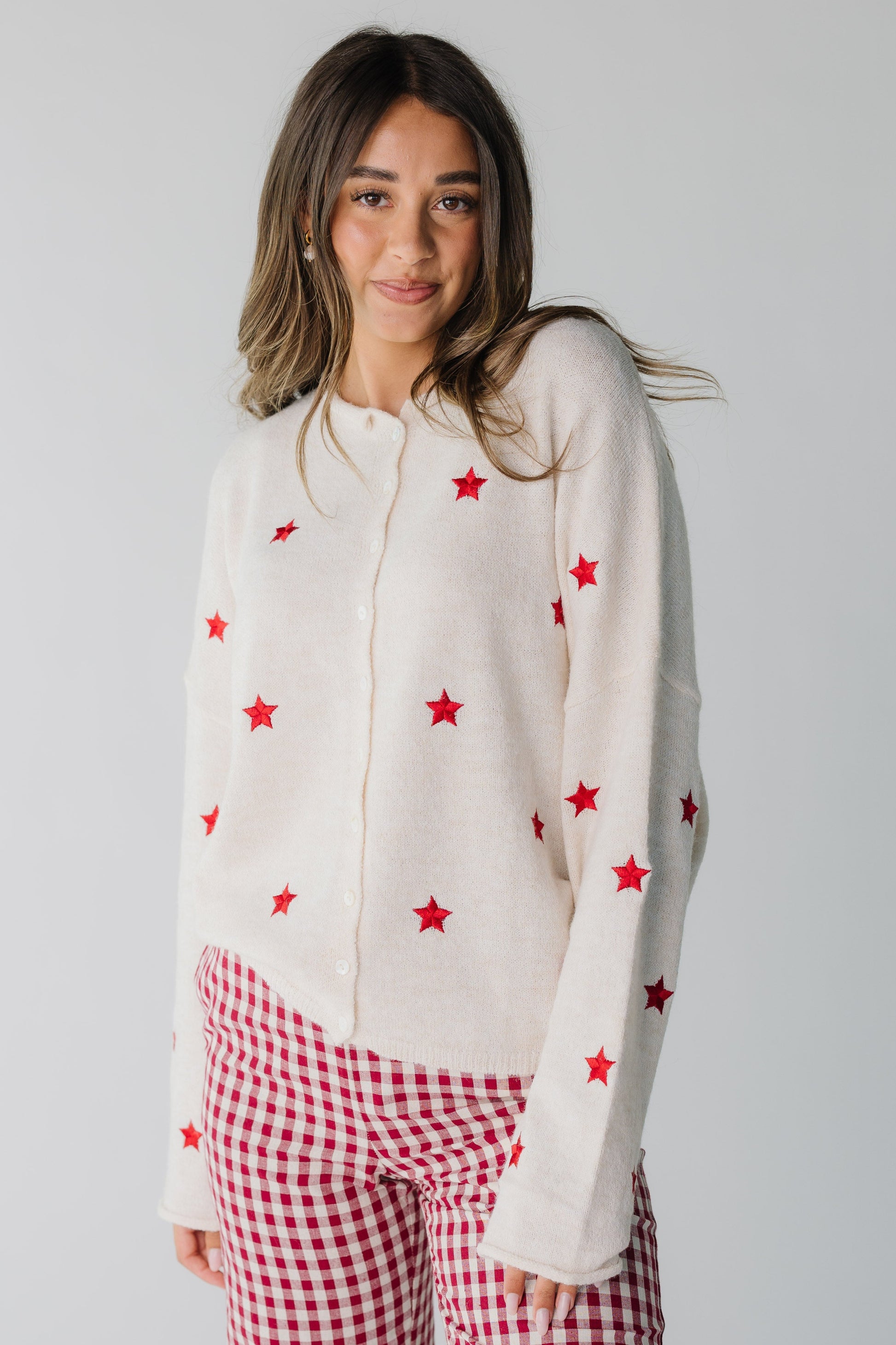 Stars Cardigan for women in cream with red embroidered stars