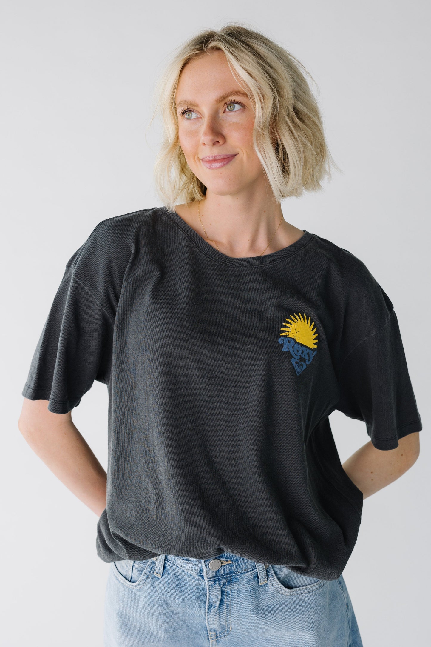 Modest washed black short sleeve tee with crew neckline