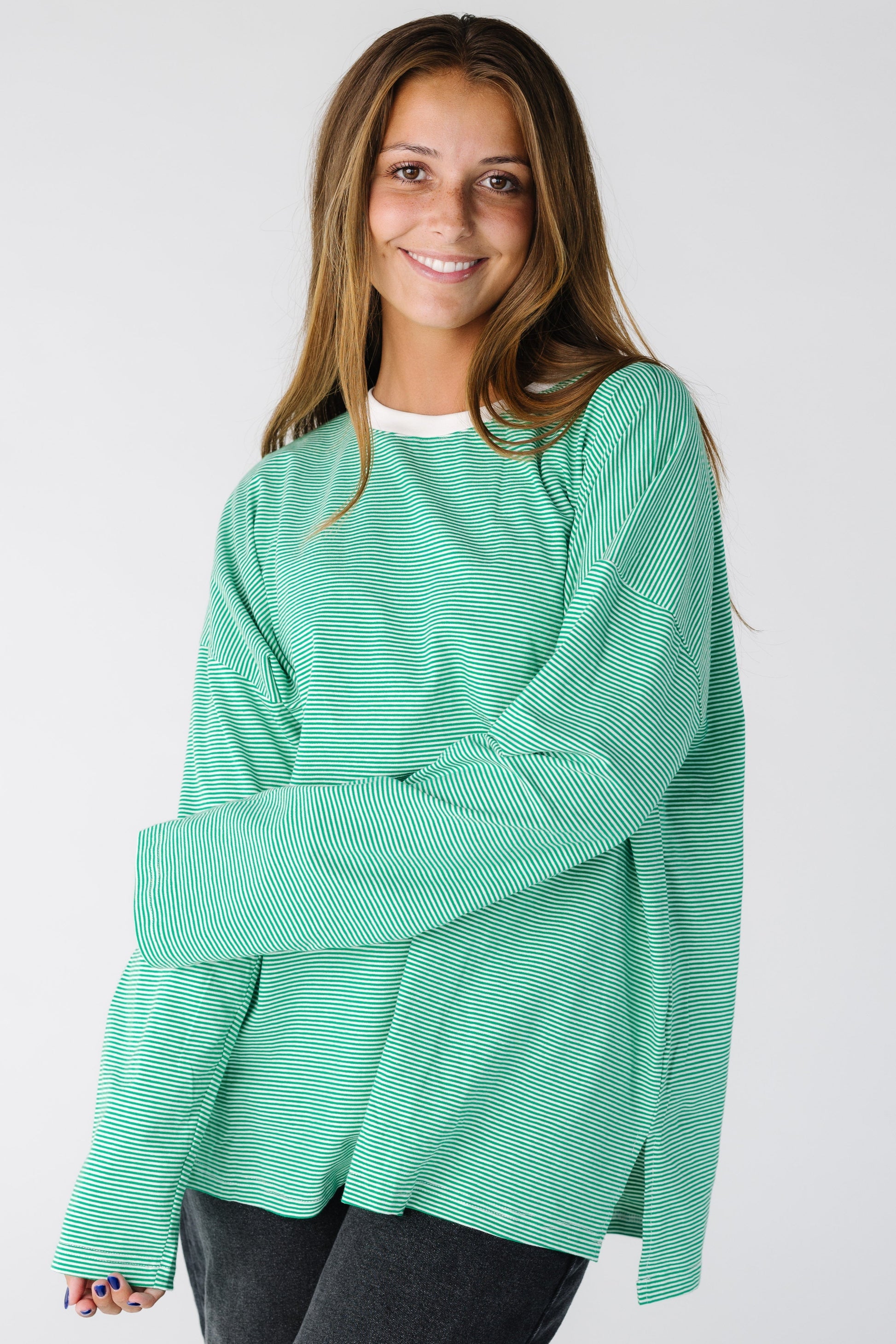 Modest loose fitting stripe top with crew neckline and long sleeves