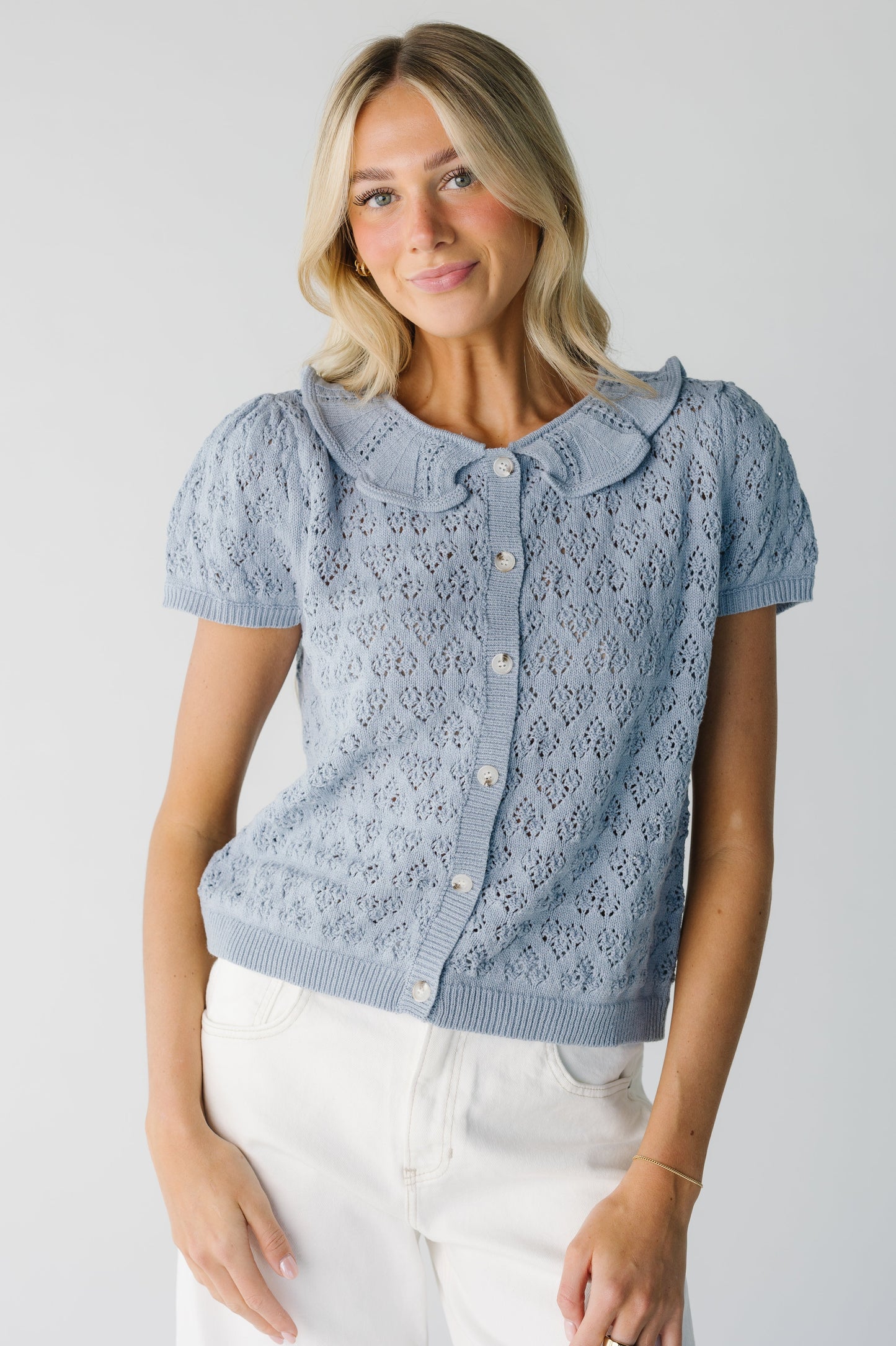 Lace knit button down cardigan with ruffle collar