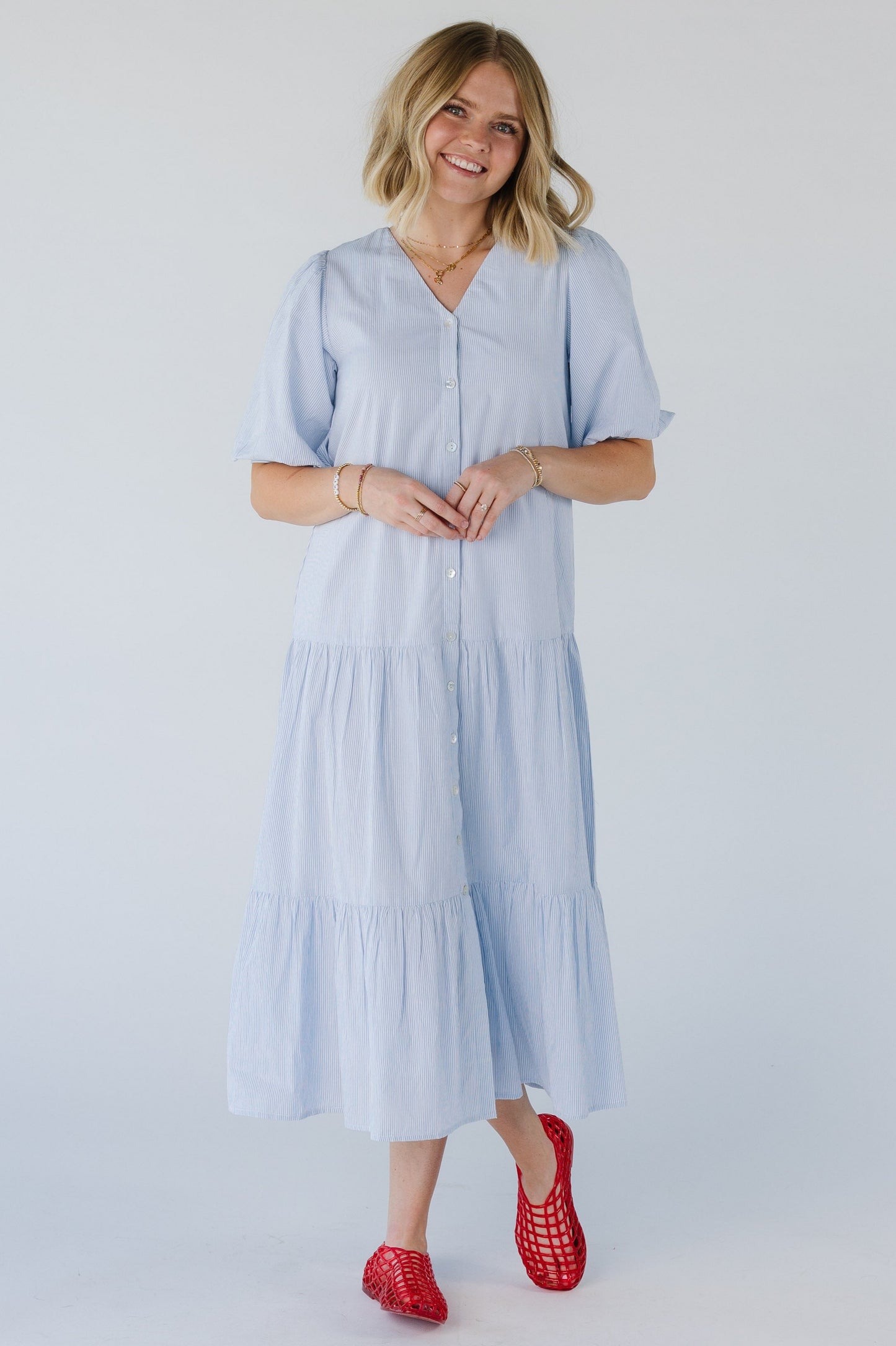 Modest button down midi with V-neckline with half length sleeves