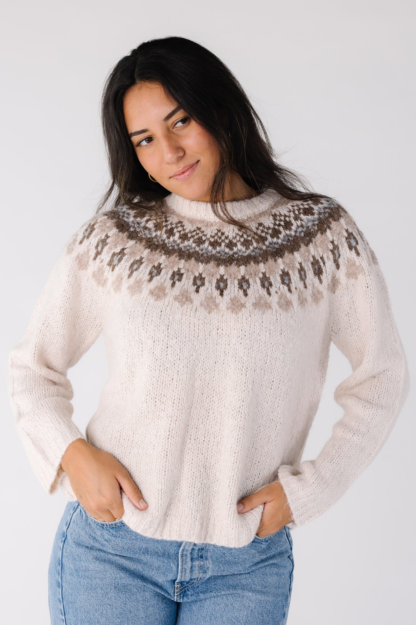 Modest women and teens long sleeve fair isle sweater