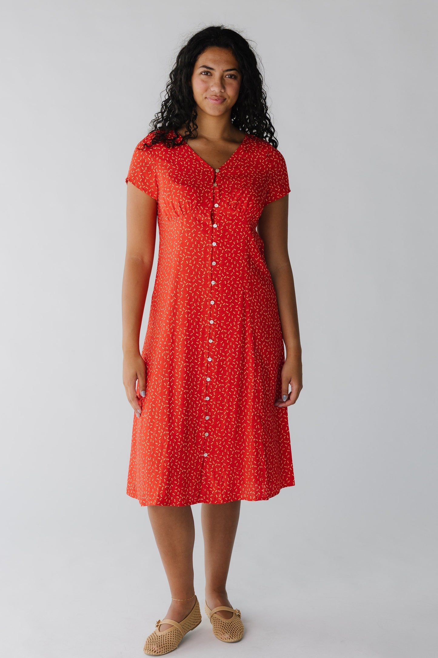 Red button down midi with short sleeves