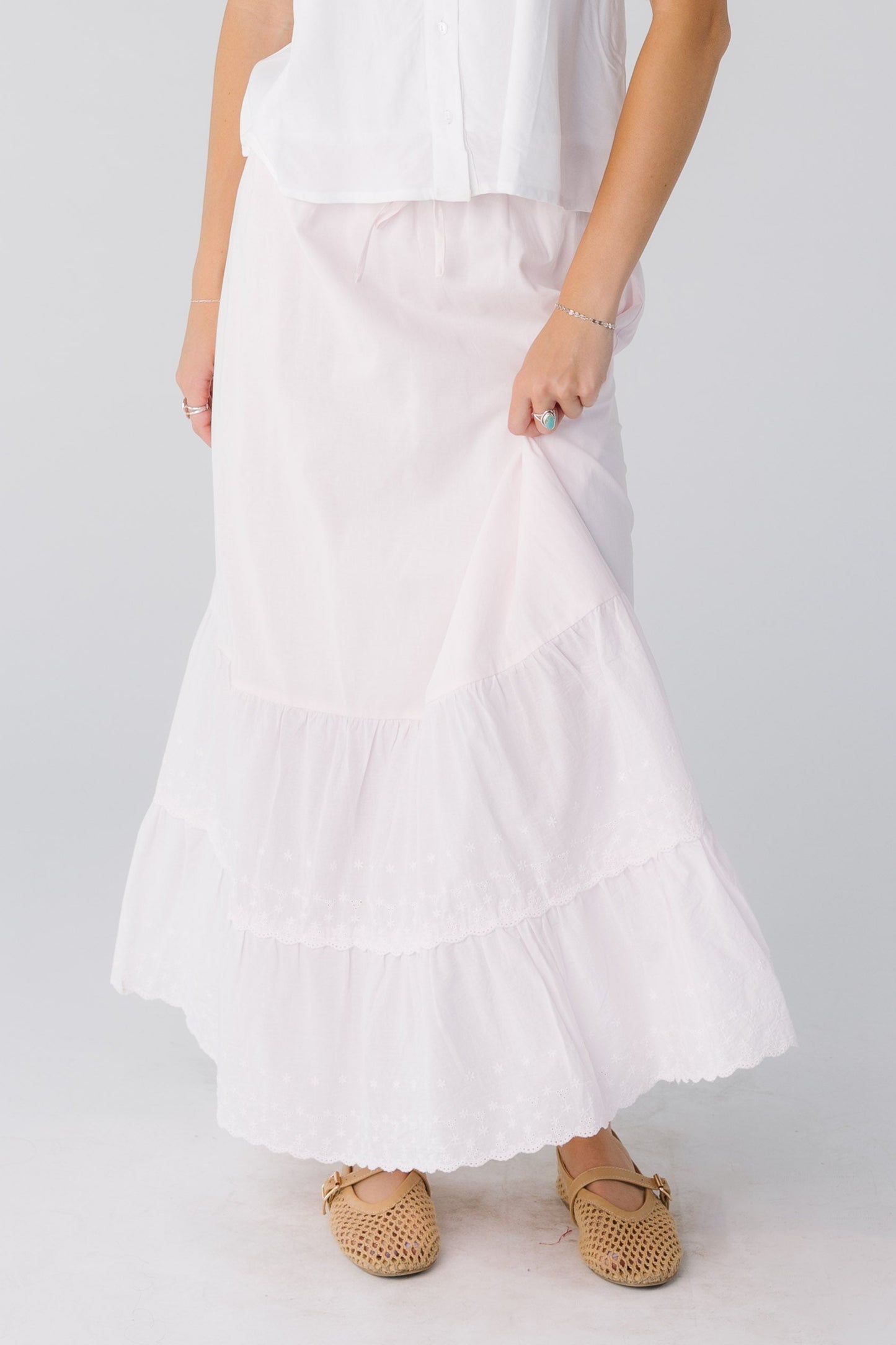 Brass & Roe Melanie Midi Eyelet Skirt in light pink