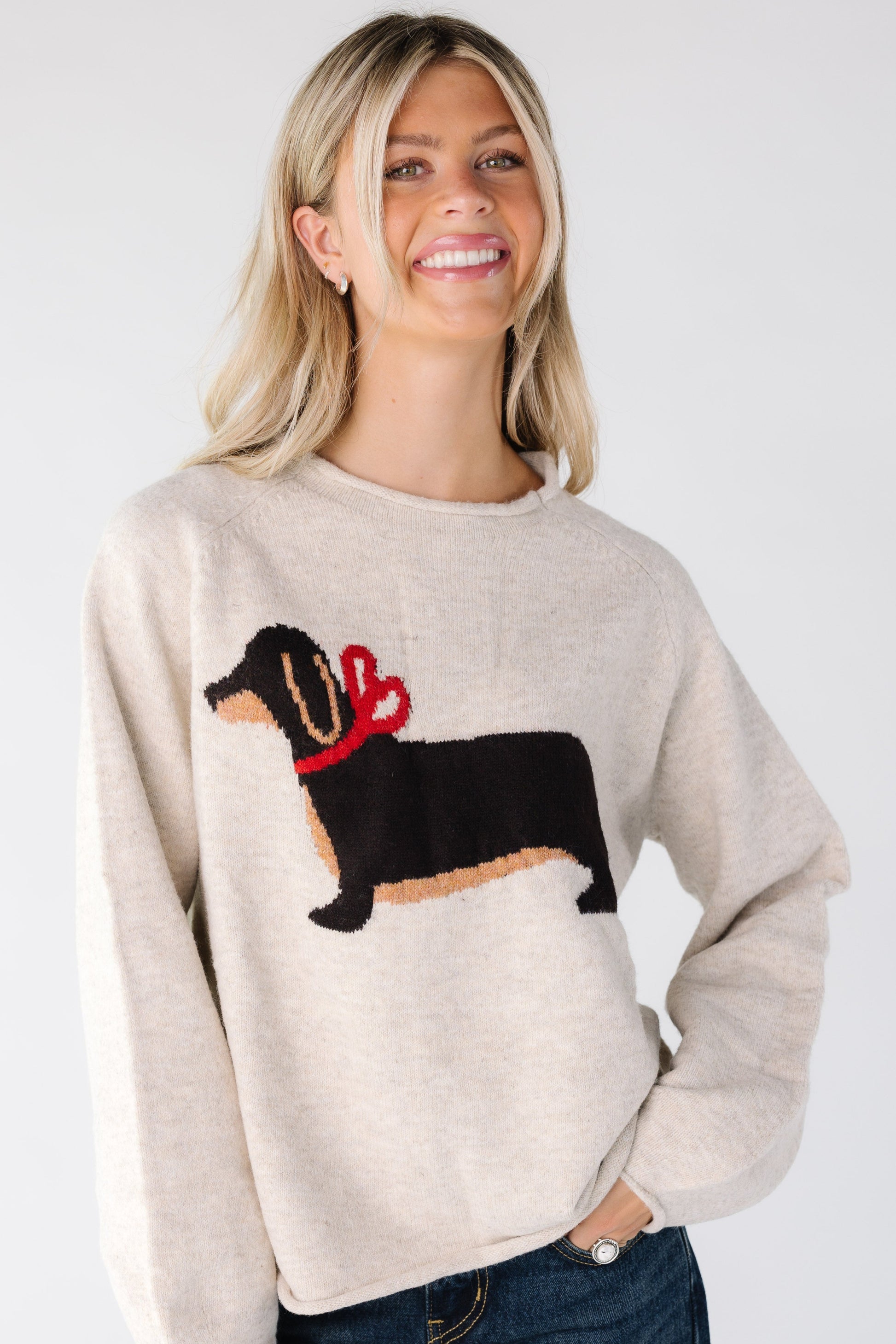 Long sleeve sweater with large dog graphic