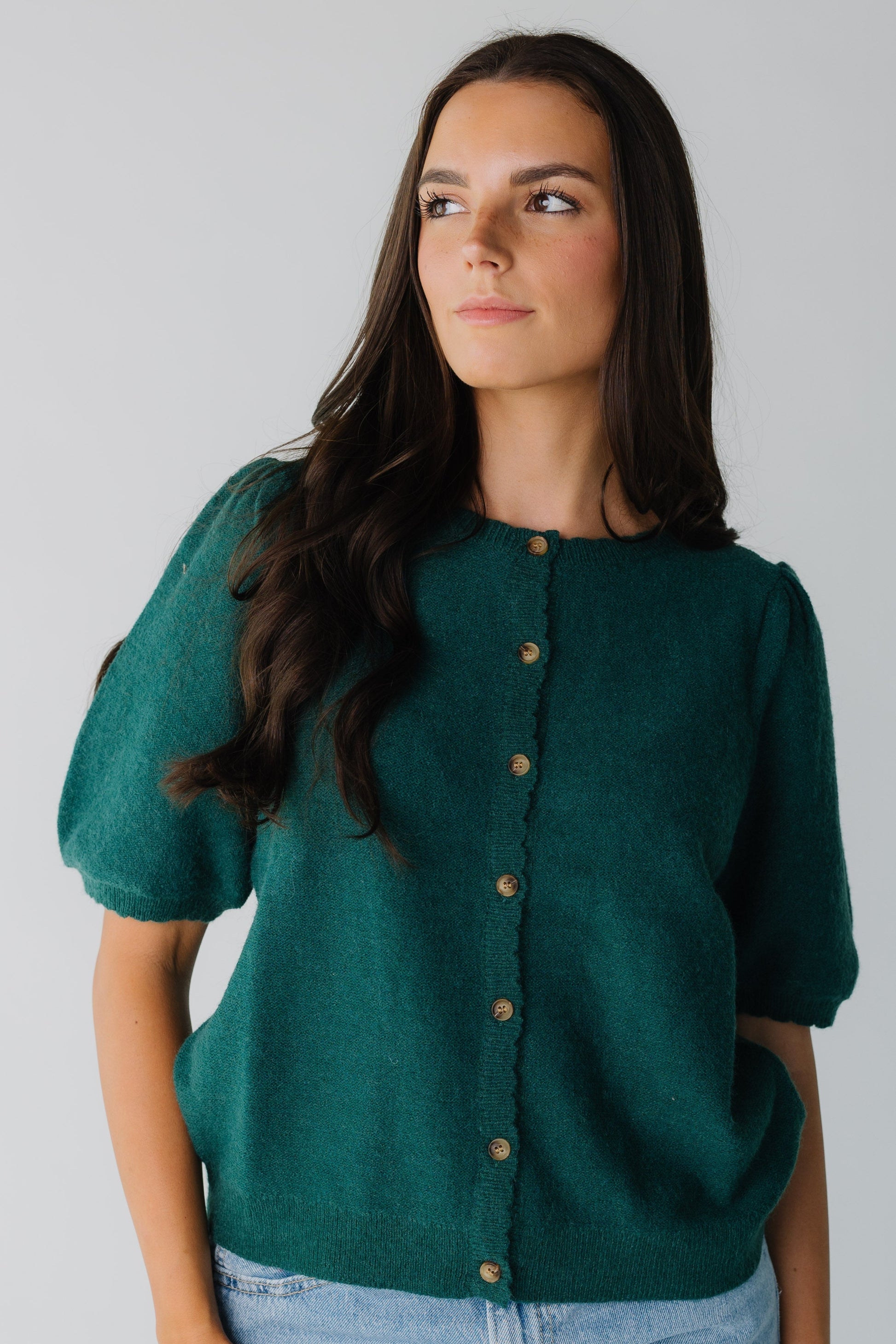 Modest women's forest button cardigan with crew neckline and elbow length sleeves