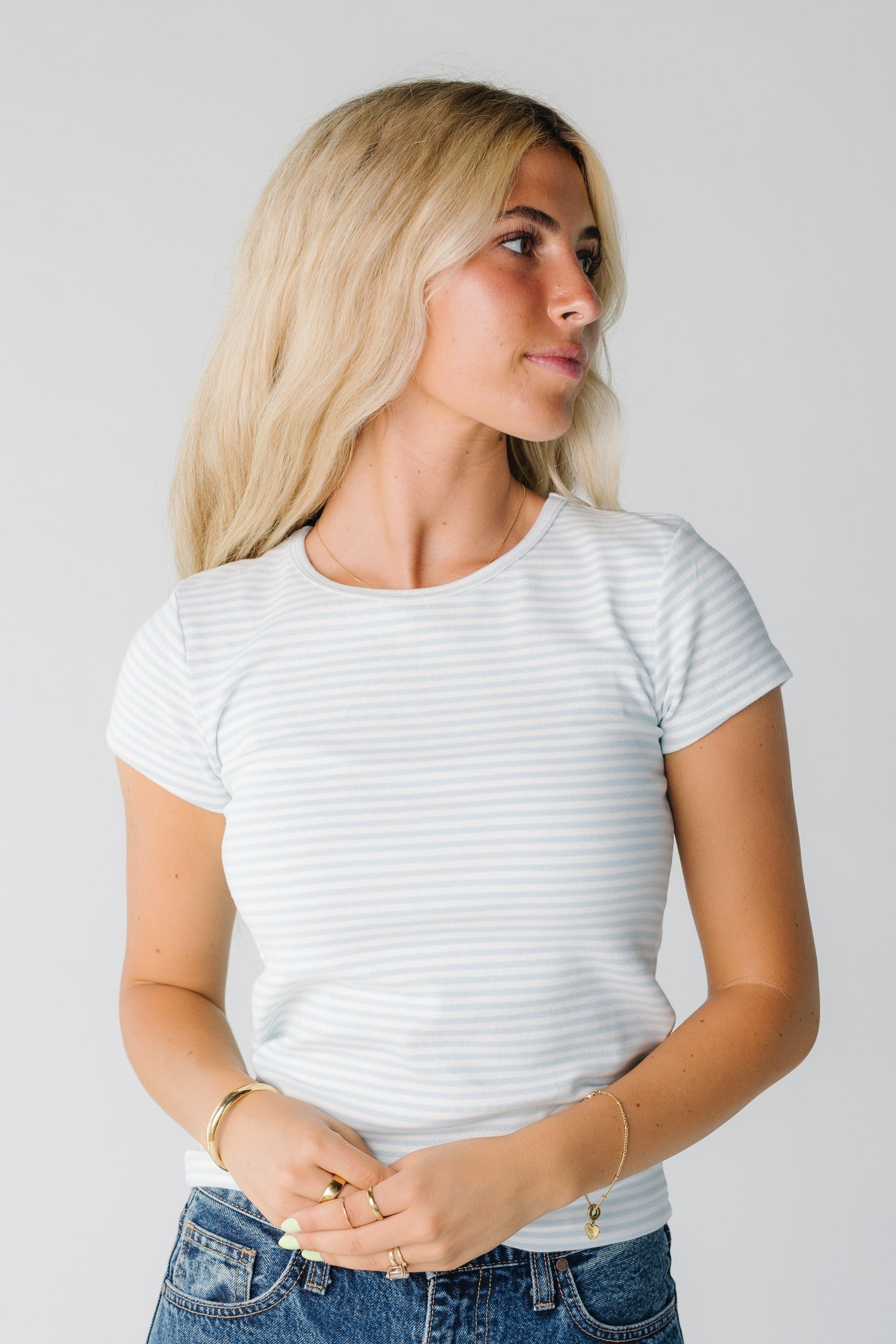 Modest blue and white stripe tee with round neckline and short sleeves
