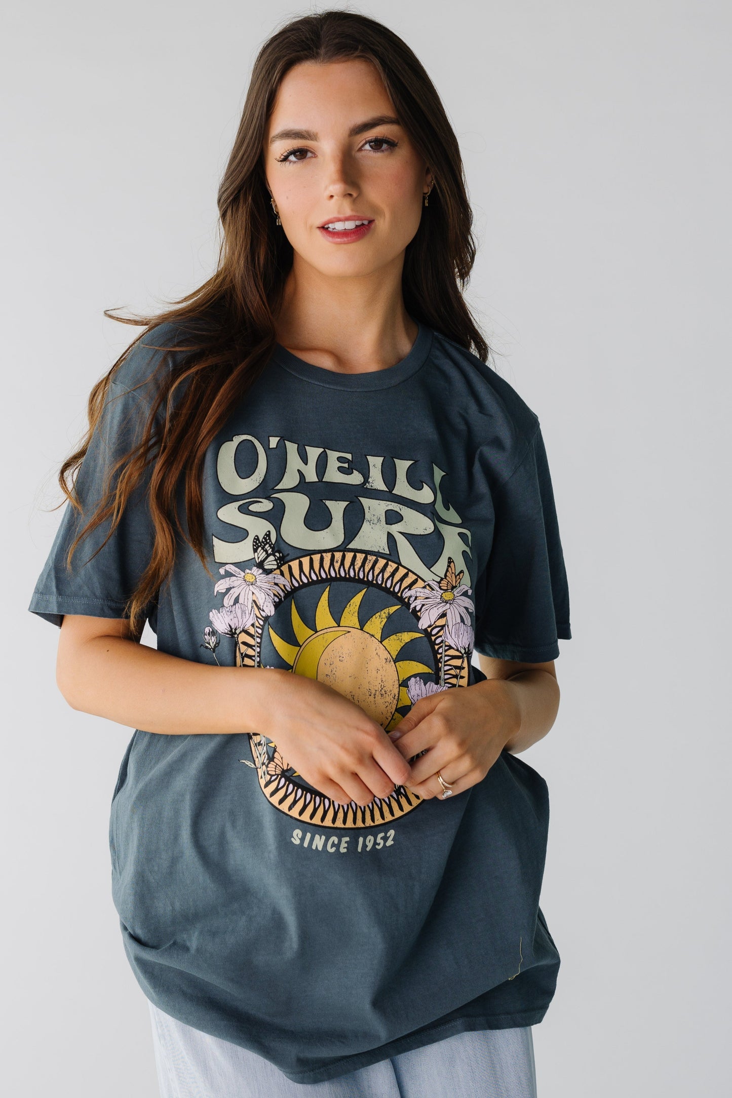 Modest O'Neill loose fitting tee with crew neckline and short sleeves