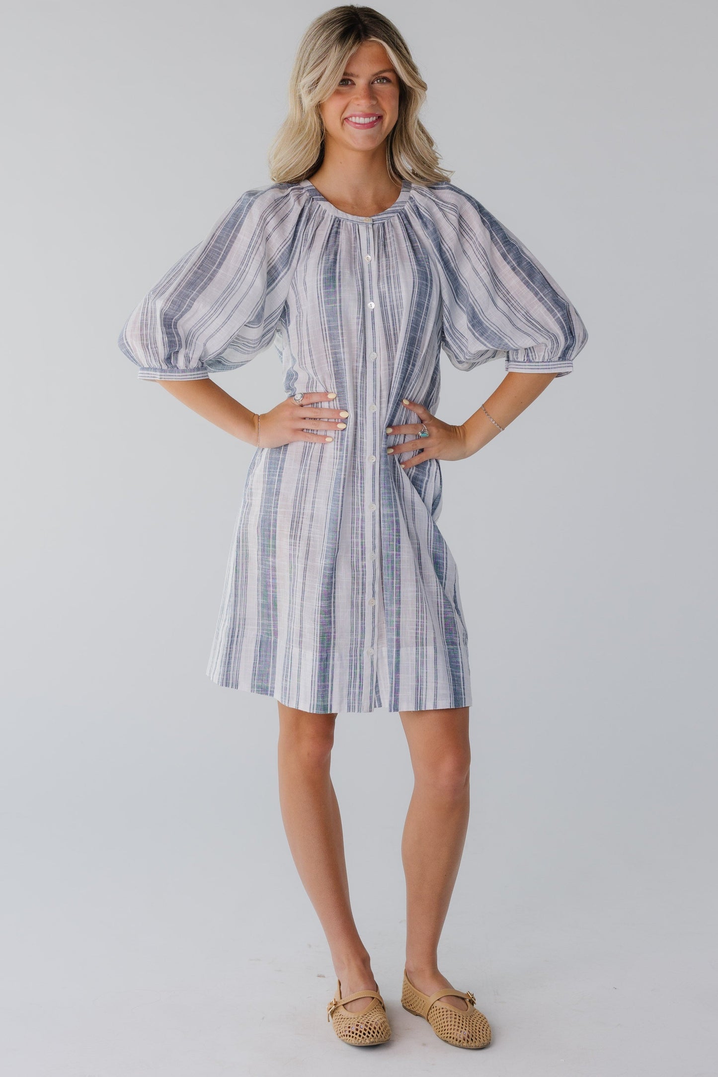 Citrus Seaside Button Down Knee Dress in white and blue stripe