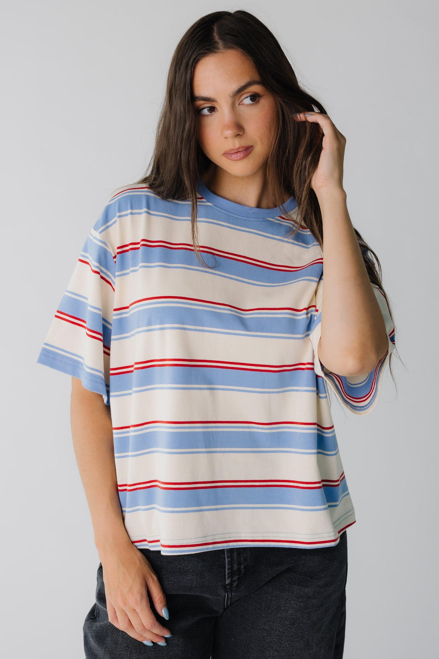 Modest blue stripe tee with short sleeves