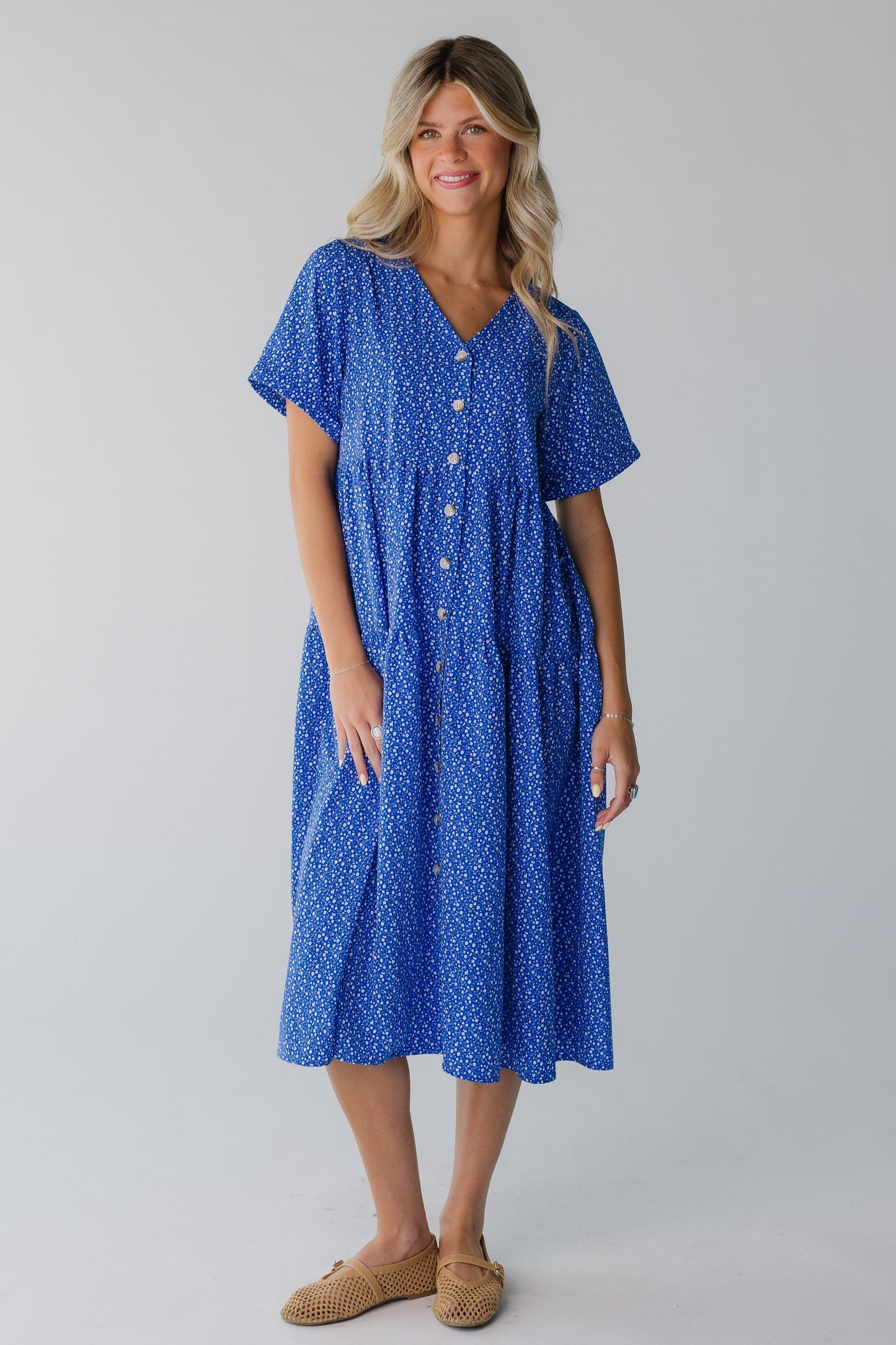 Short sleeve blue button down midi