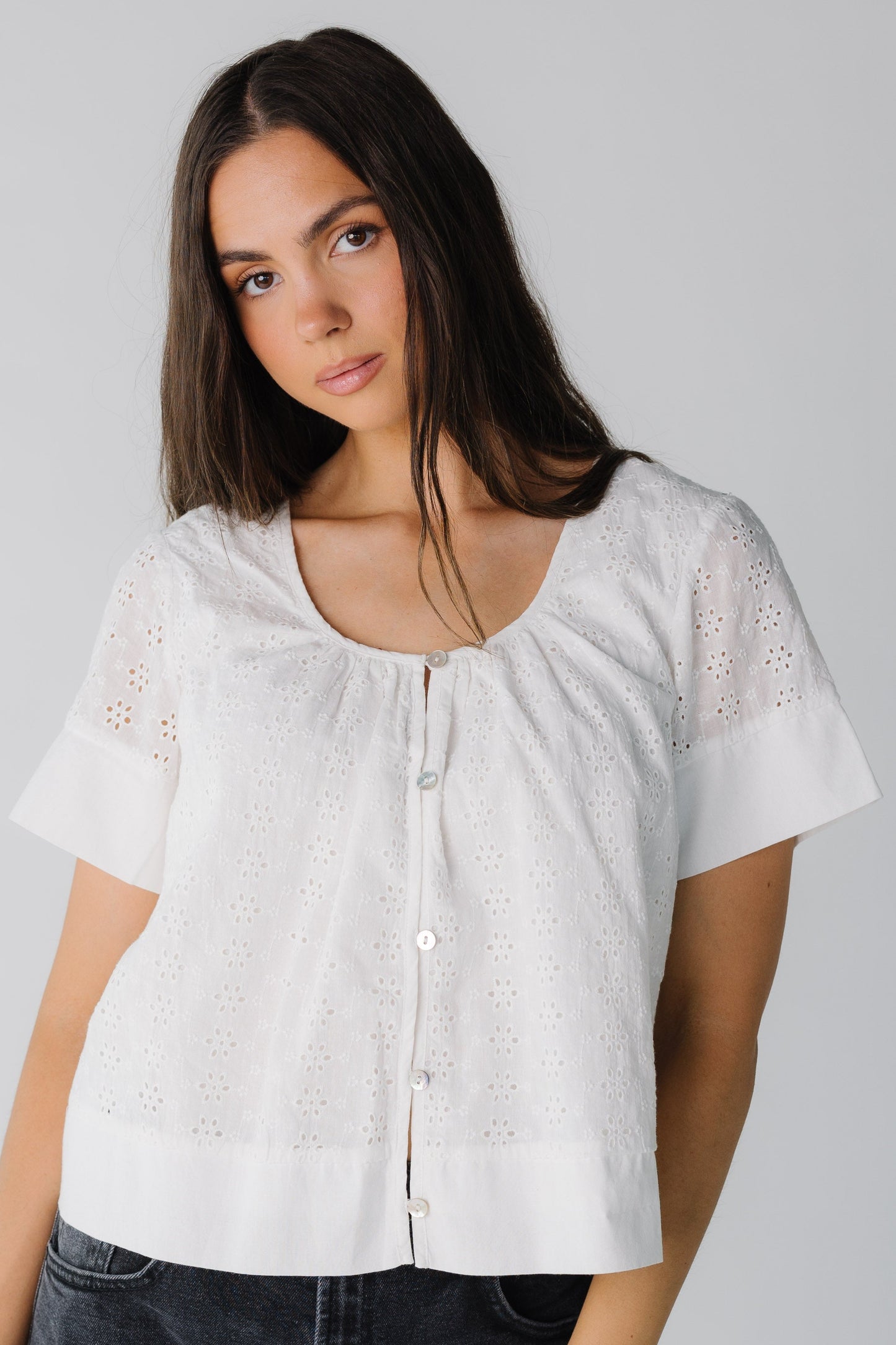 Modest scoop neck top with short sleeves