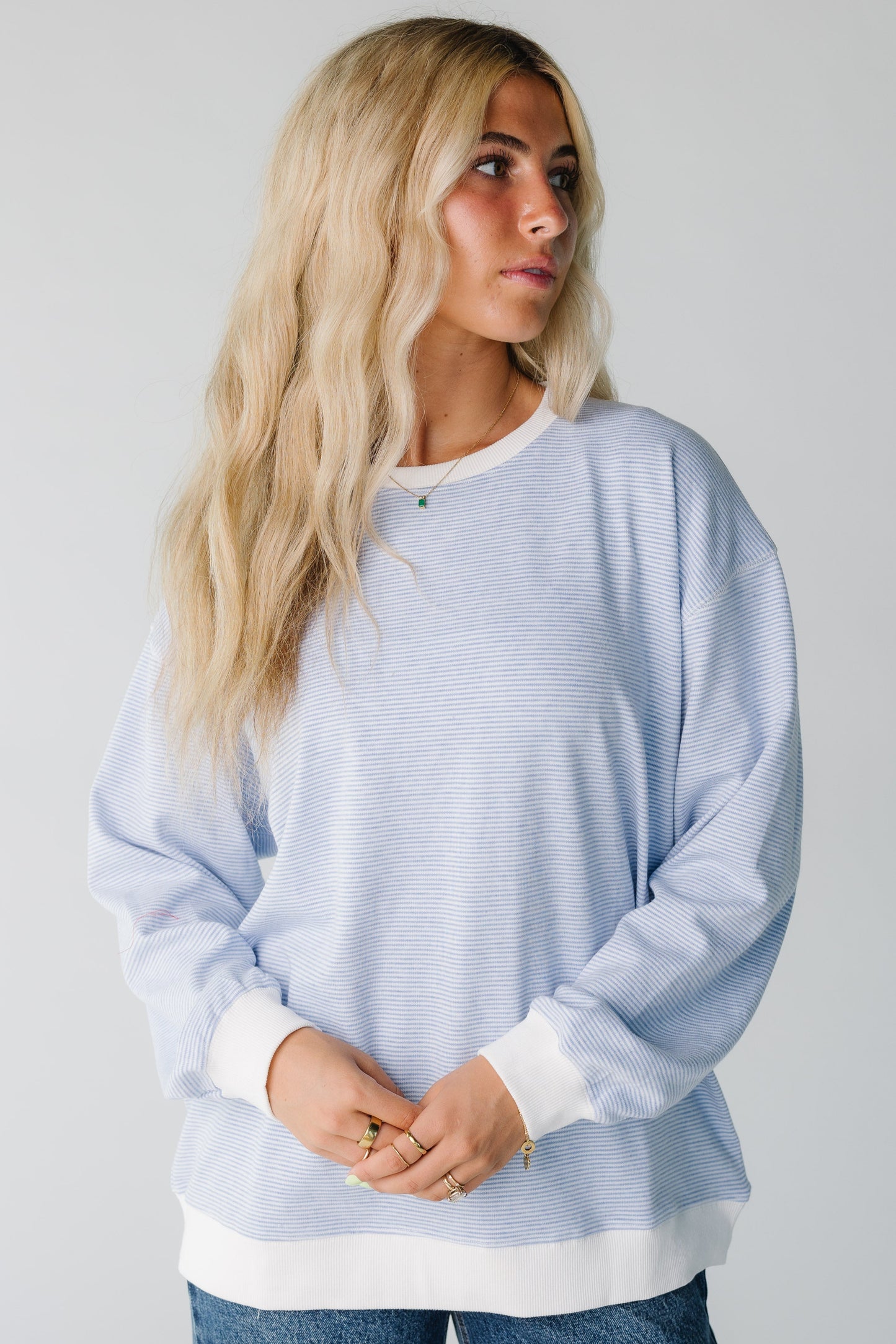 Modest light blue narrow stripe top with crew neckline and long sleeves