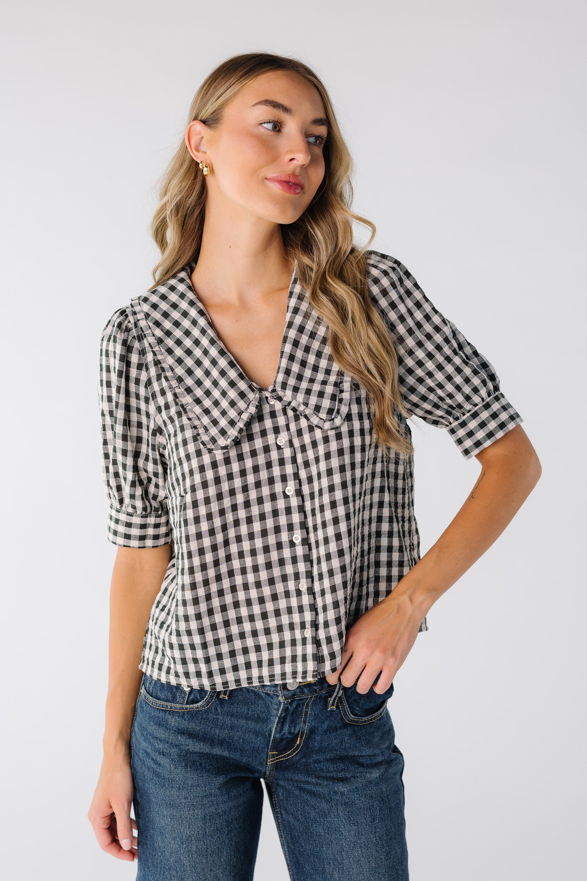 Brass & Roe Gingham Collared Top Black/White WOMEN'S TOP brass & roe