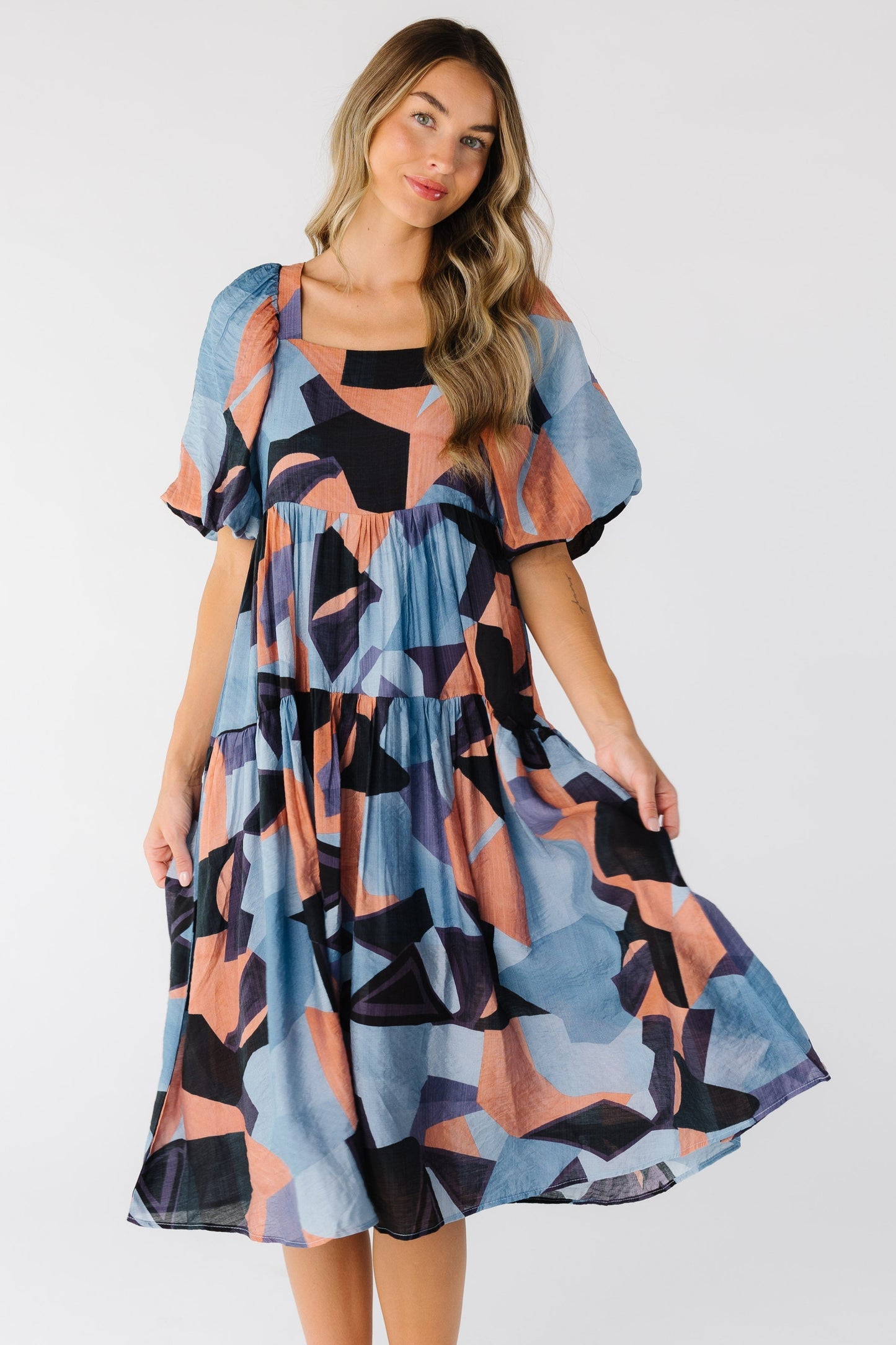 Brass & Roe Harlem Square Neck Dress for women in blue multicolor abstract print