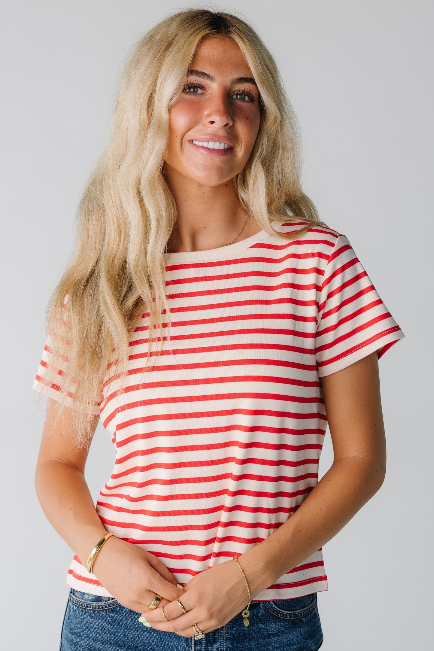Modest women's red stripe tee with crew neckline and short sleeves
