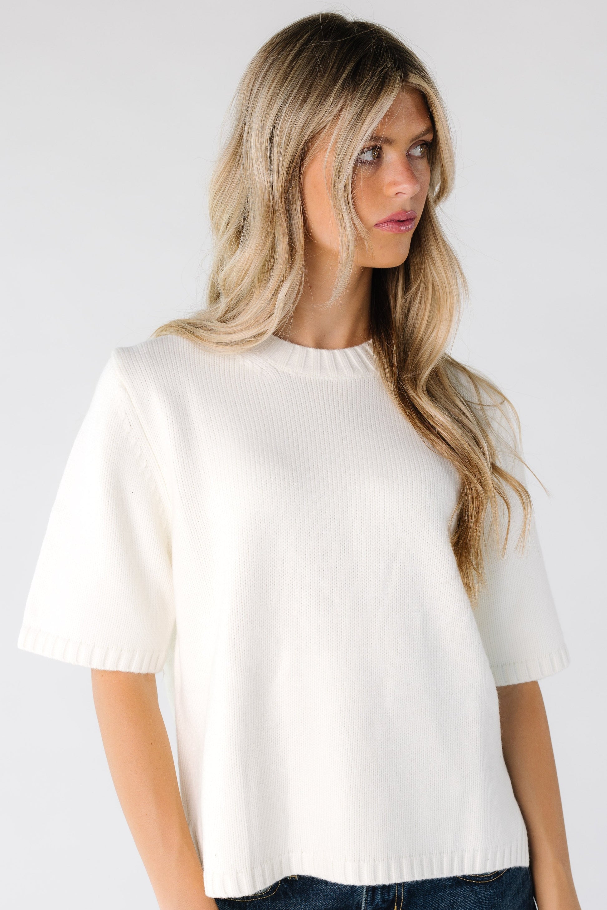 Modest women's cream sweater with wide ribbed neckline and short sleeves