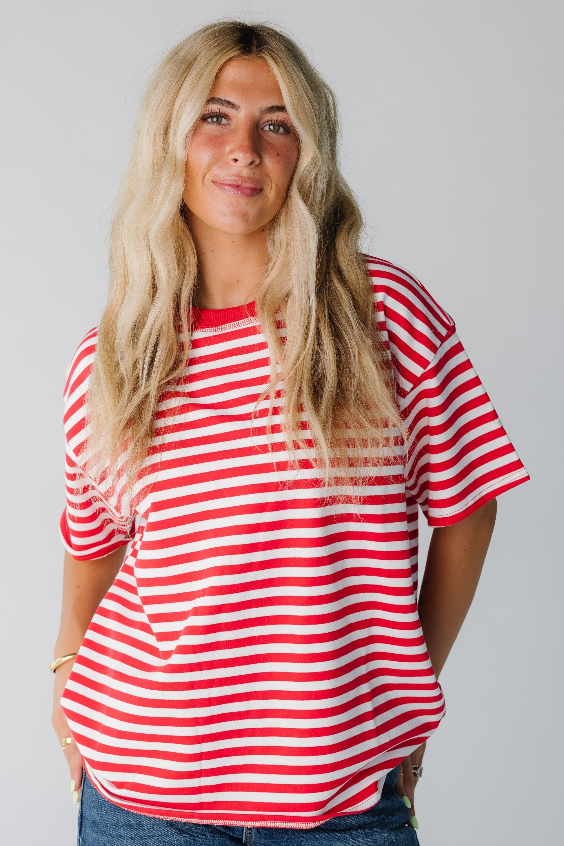 Modest women's red and white stripe tee with short sleeves
