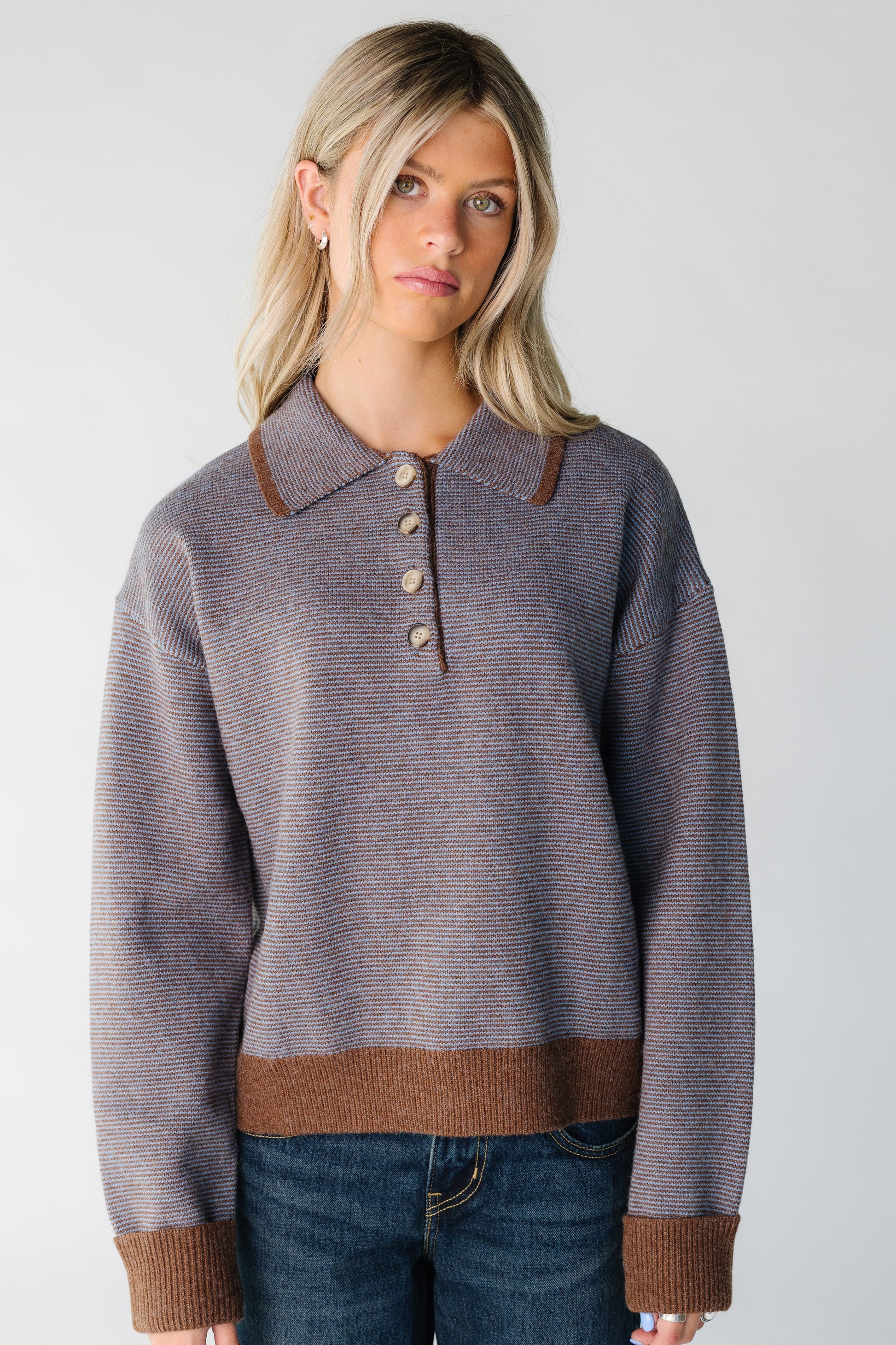 Modest women's long sleeve heavy sweater with short button placket and pointed collar in brown