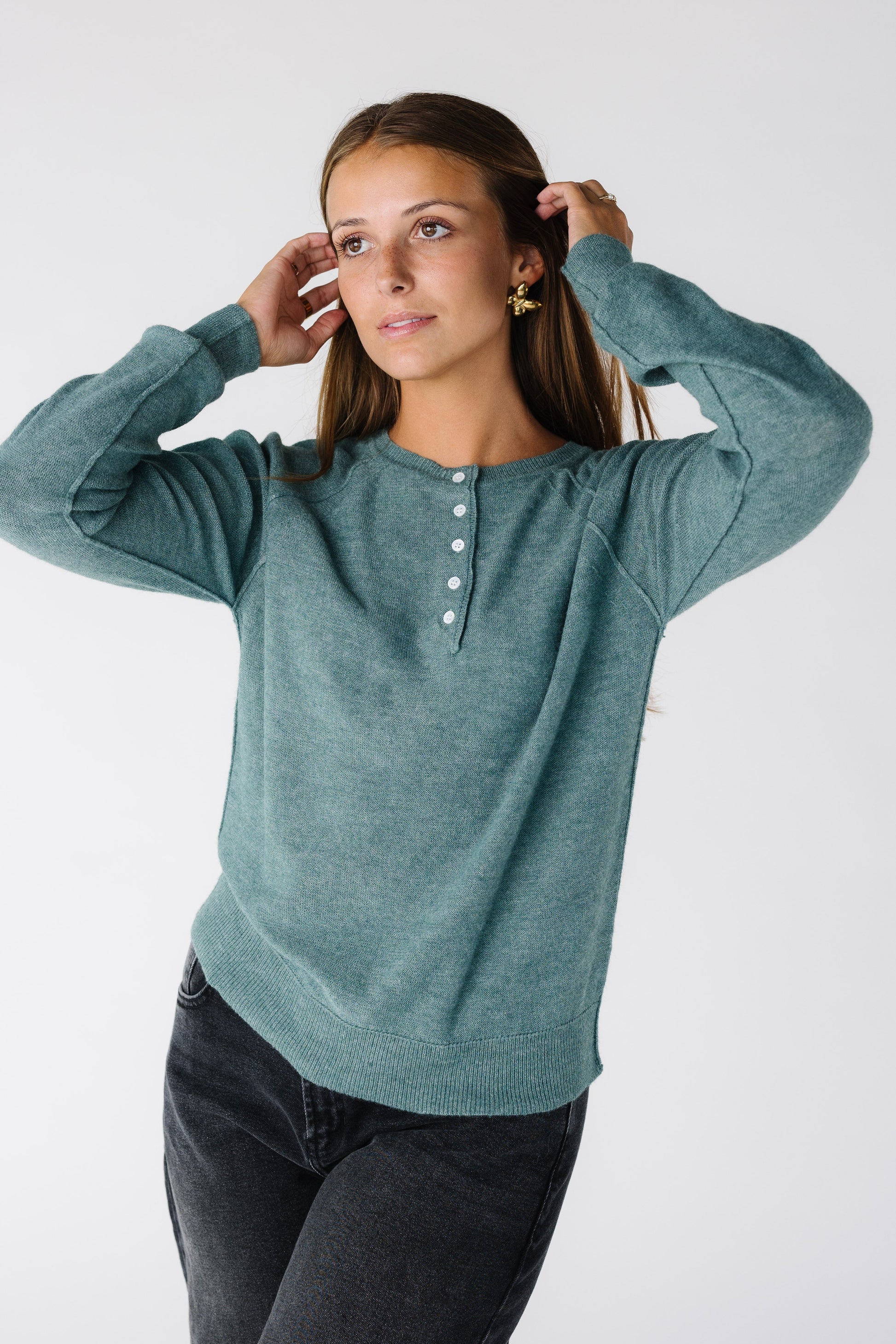 Modest women and teens long sleeve Henley sweater in teal