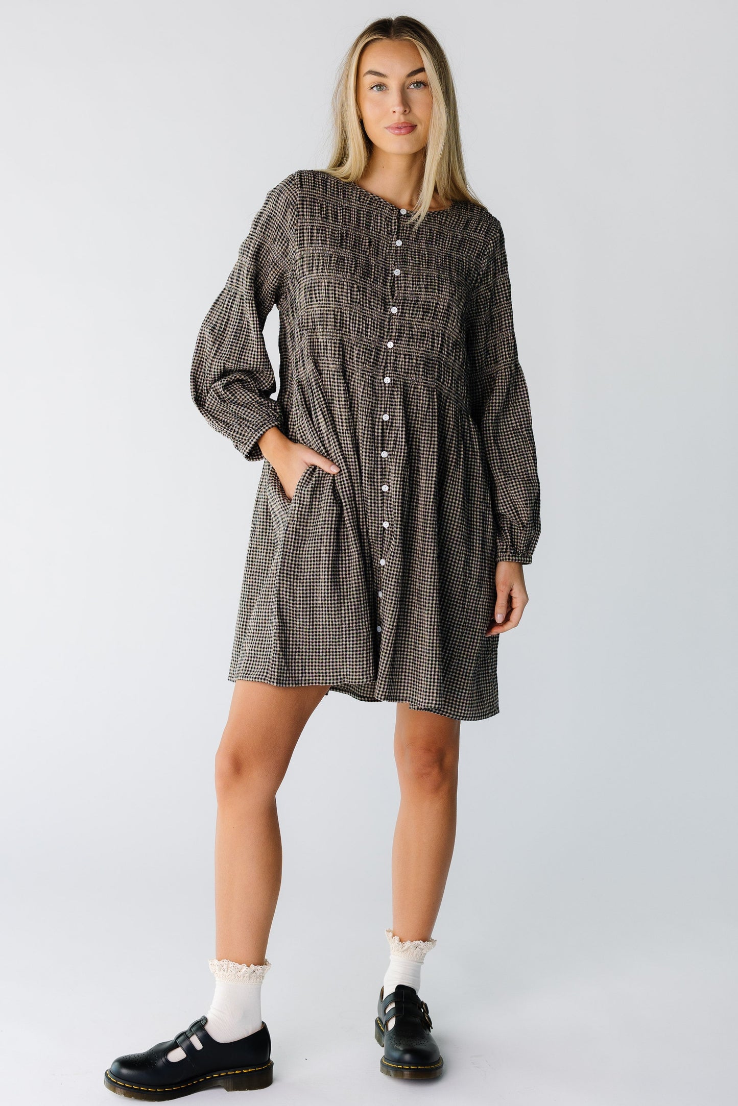 Modest knee length dress with long sleeves for women and teens in black gingham