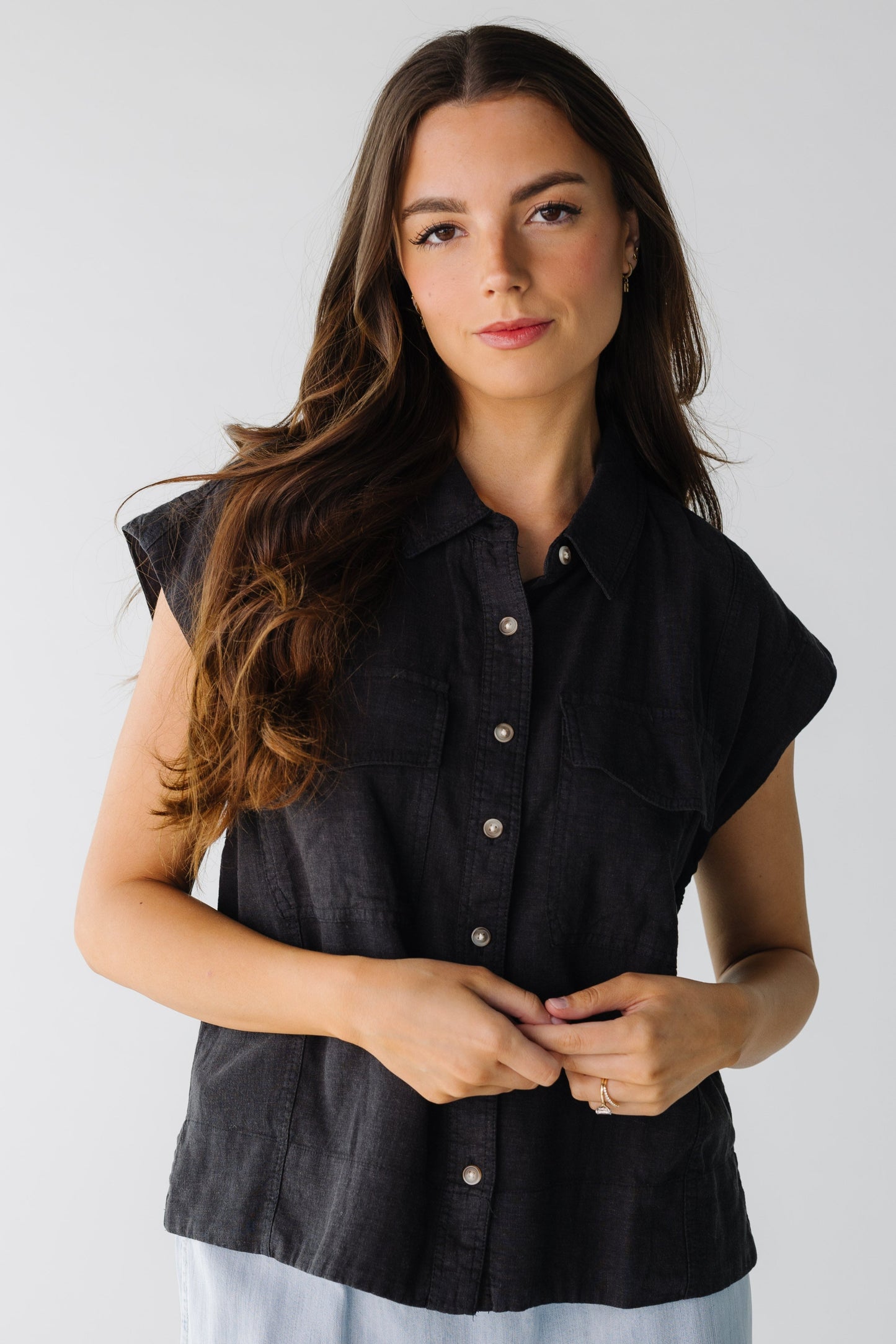 Loose black button down top