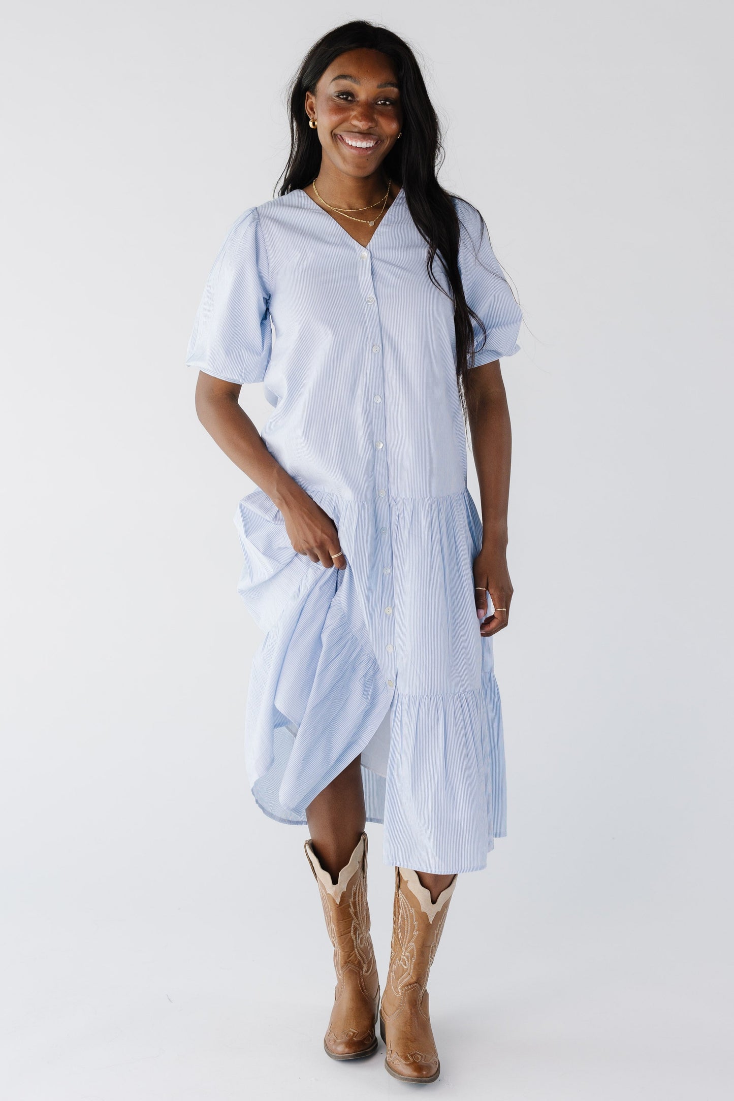 Blue stripe button down midi with multiple gathered tiers