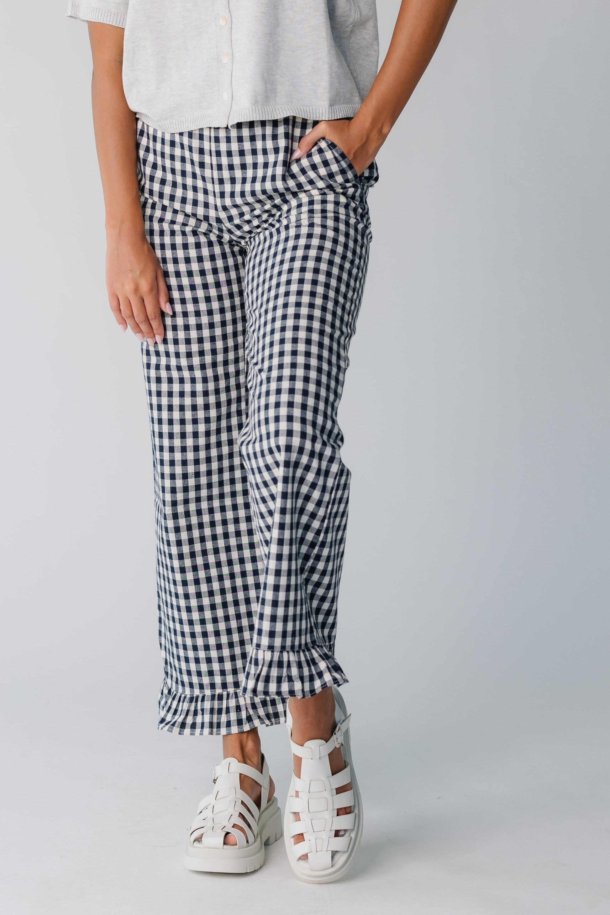 Navy gingham women's pant with wide leg with ruffle hems
