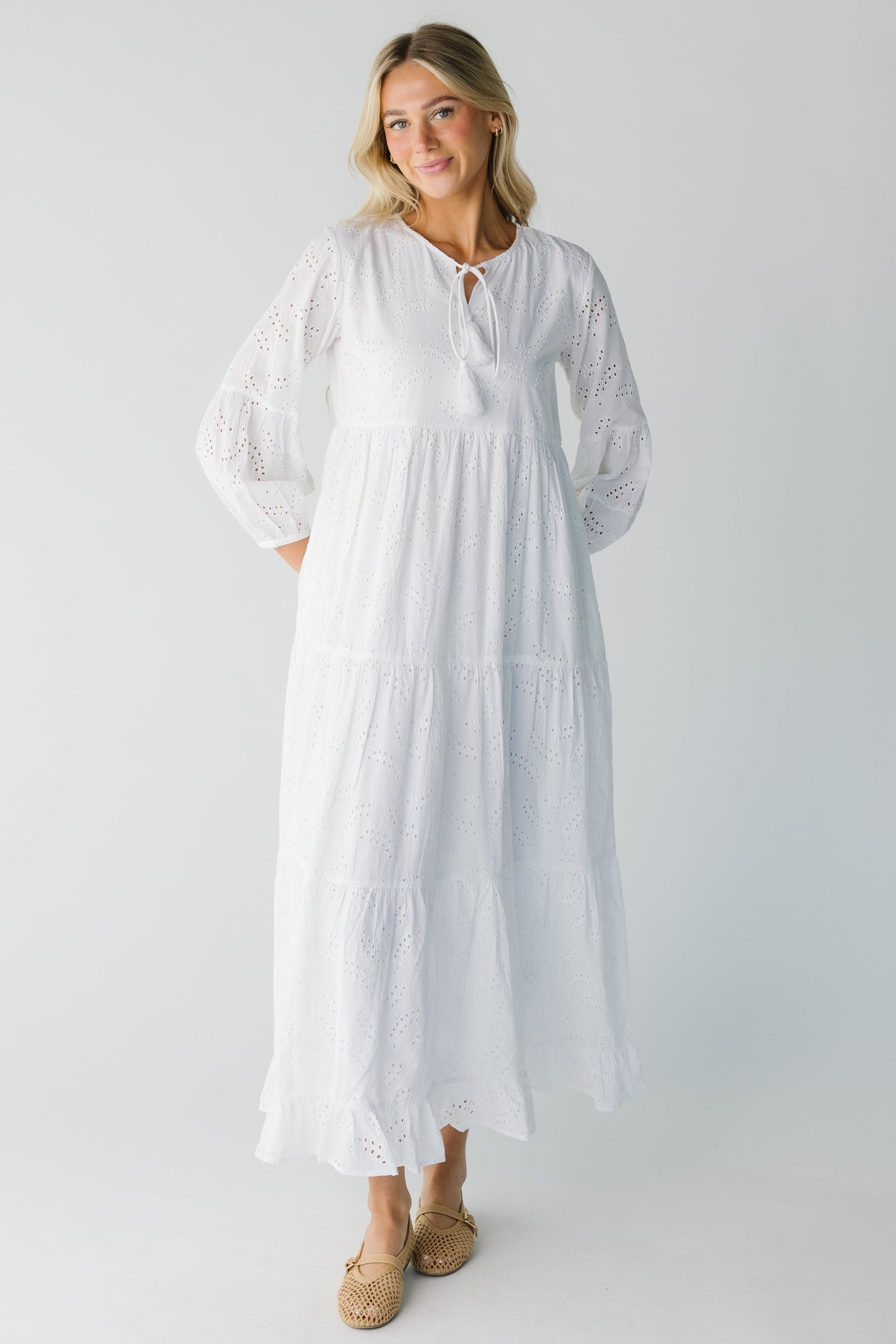 Modest white eyelet midi/maxi with round neckline and long sleeves