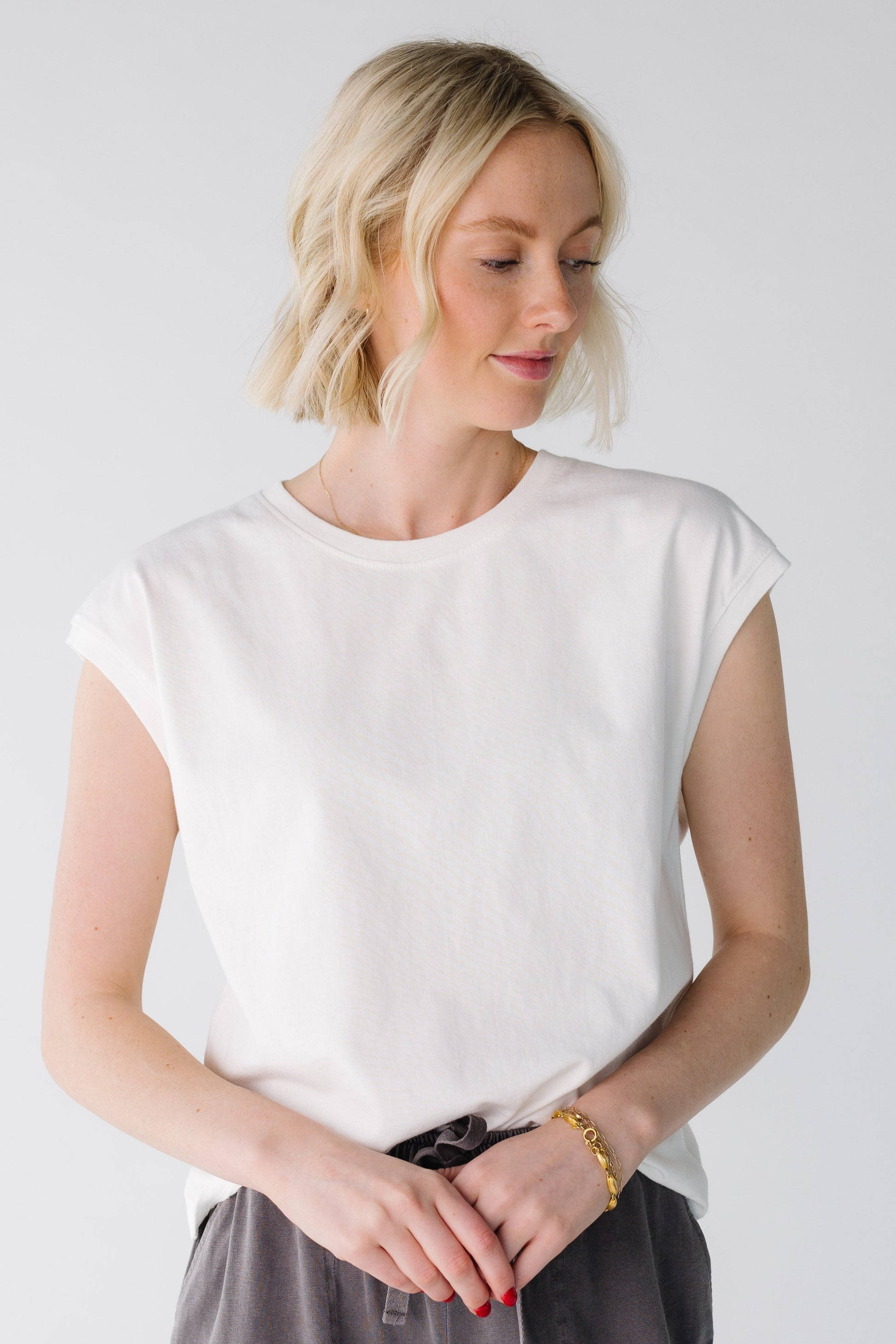 Modest crew neck tee with cap sleeves in white