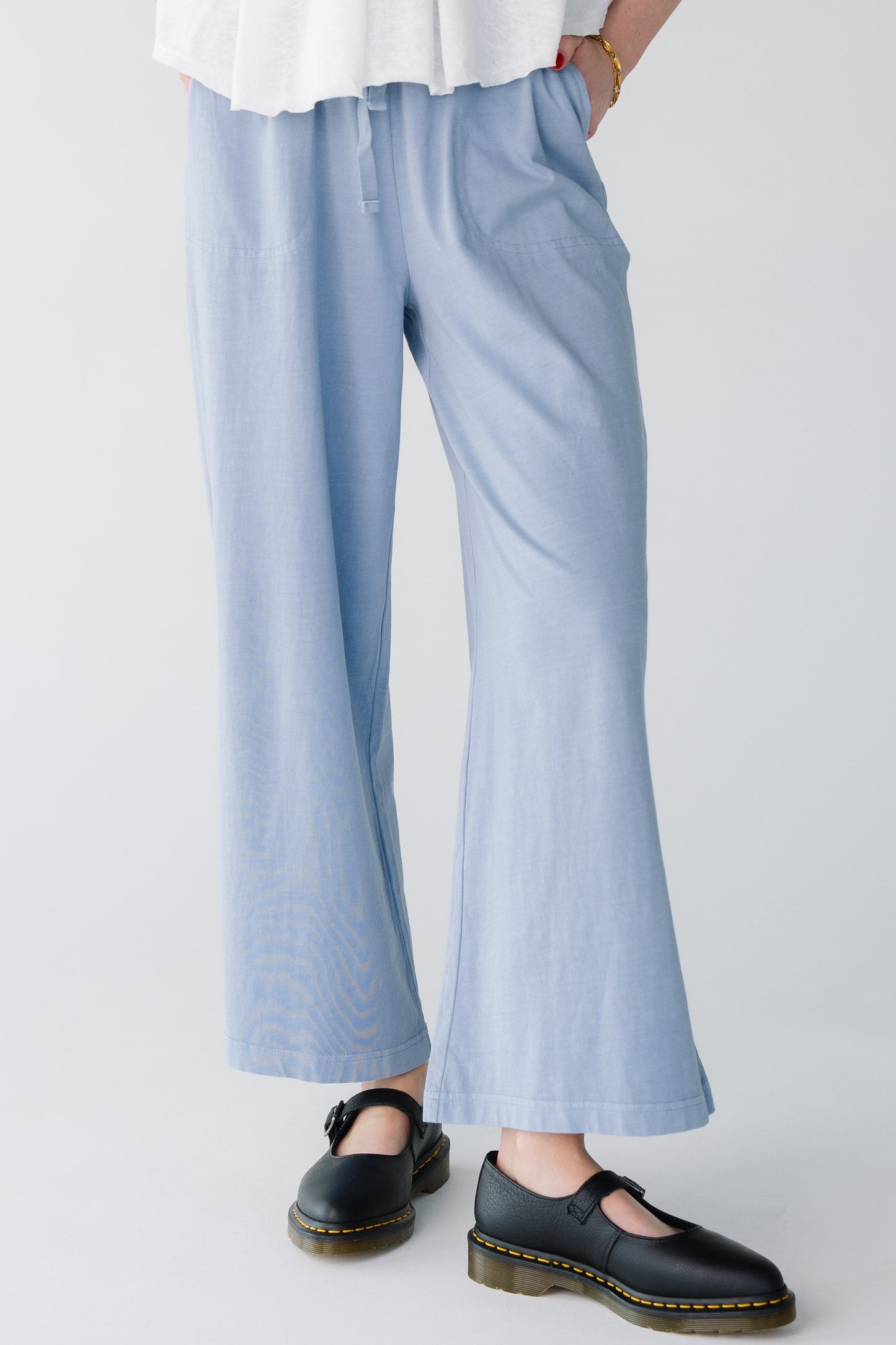 Modest light denim wide leg pant with pocketswide elastic waist