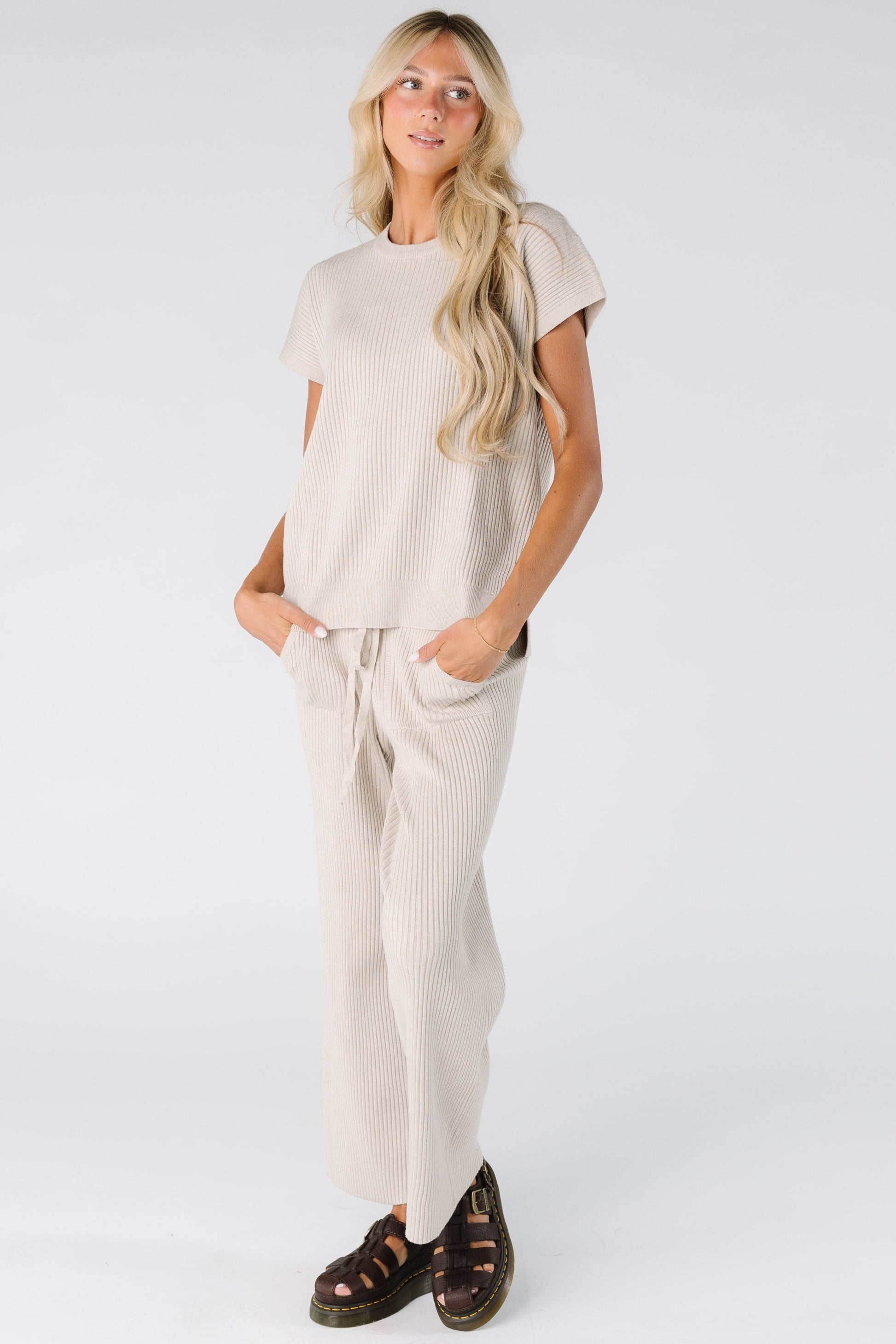 Modest women and teen ribbed sweater set with short sleeves and full length wide length pant