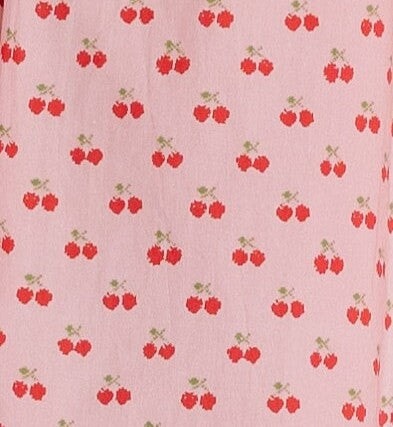 Pink with red cherry print fabric swatch.